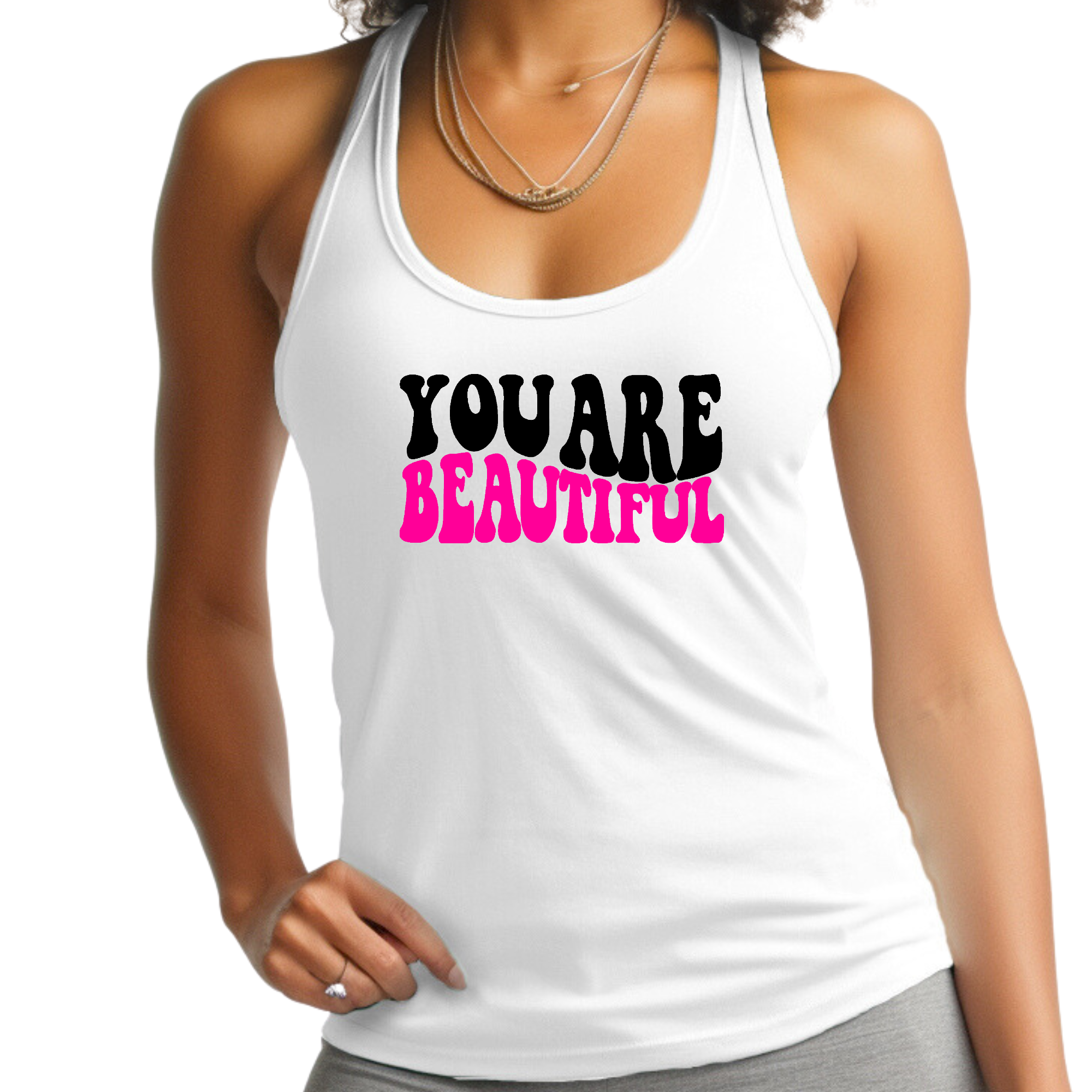 Women's Fitness Tank Top in soft cotton featuring a 'You Are Beautiful' graphic print, perfect for workouts and casual wear.