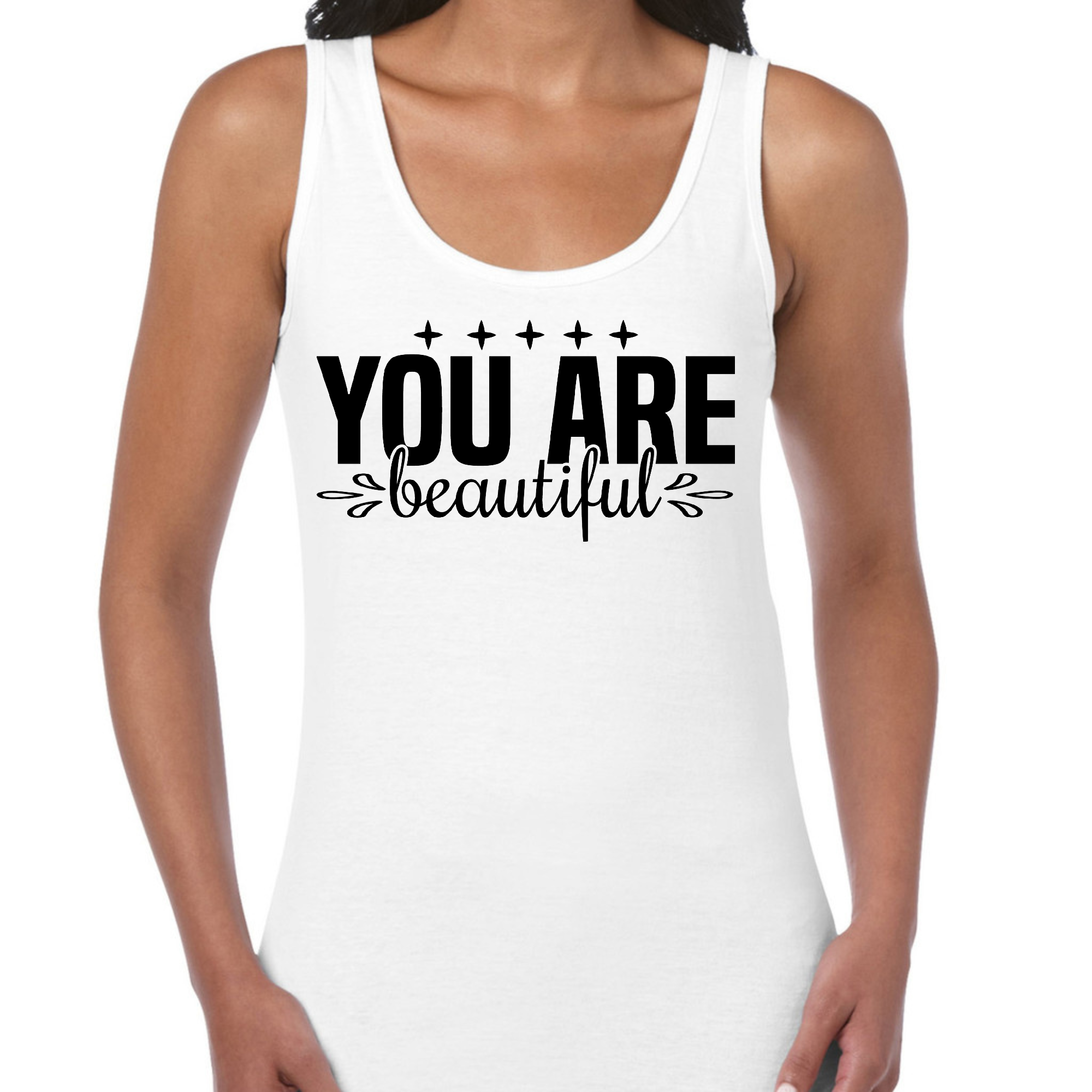 Women's Fitness Tank Top in cotton with motivational 'You are Beautiful' graphic, featuring a comfortable fit and durable design.