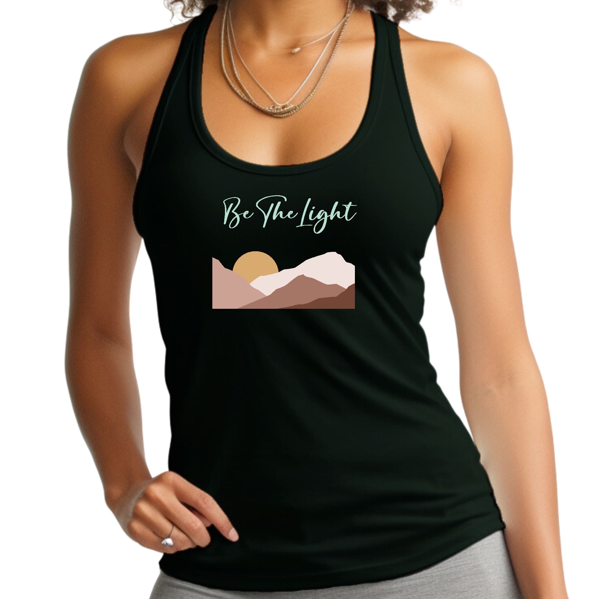 A stylish women's fitness tank top featuring the inspirational phrase 'Say It Soul, Be The Light' in a boho aesthetic design, made from soft preshrunk cotton.