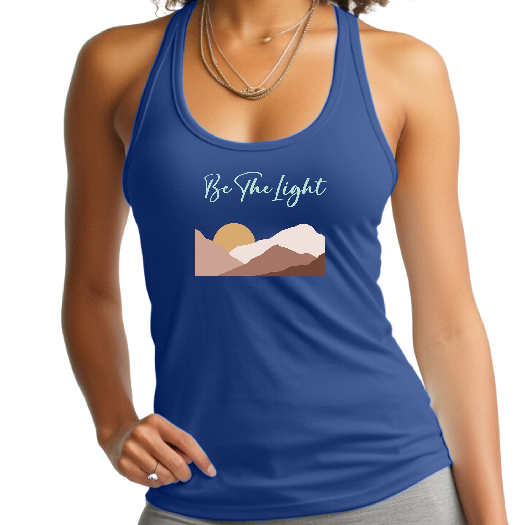 A stylish women's fitness tank top featuring the inspirational phrase 'Say It Soul, Be The Light' in a boho aesthetic design, made from soft preshrunk cotton.