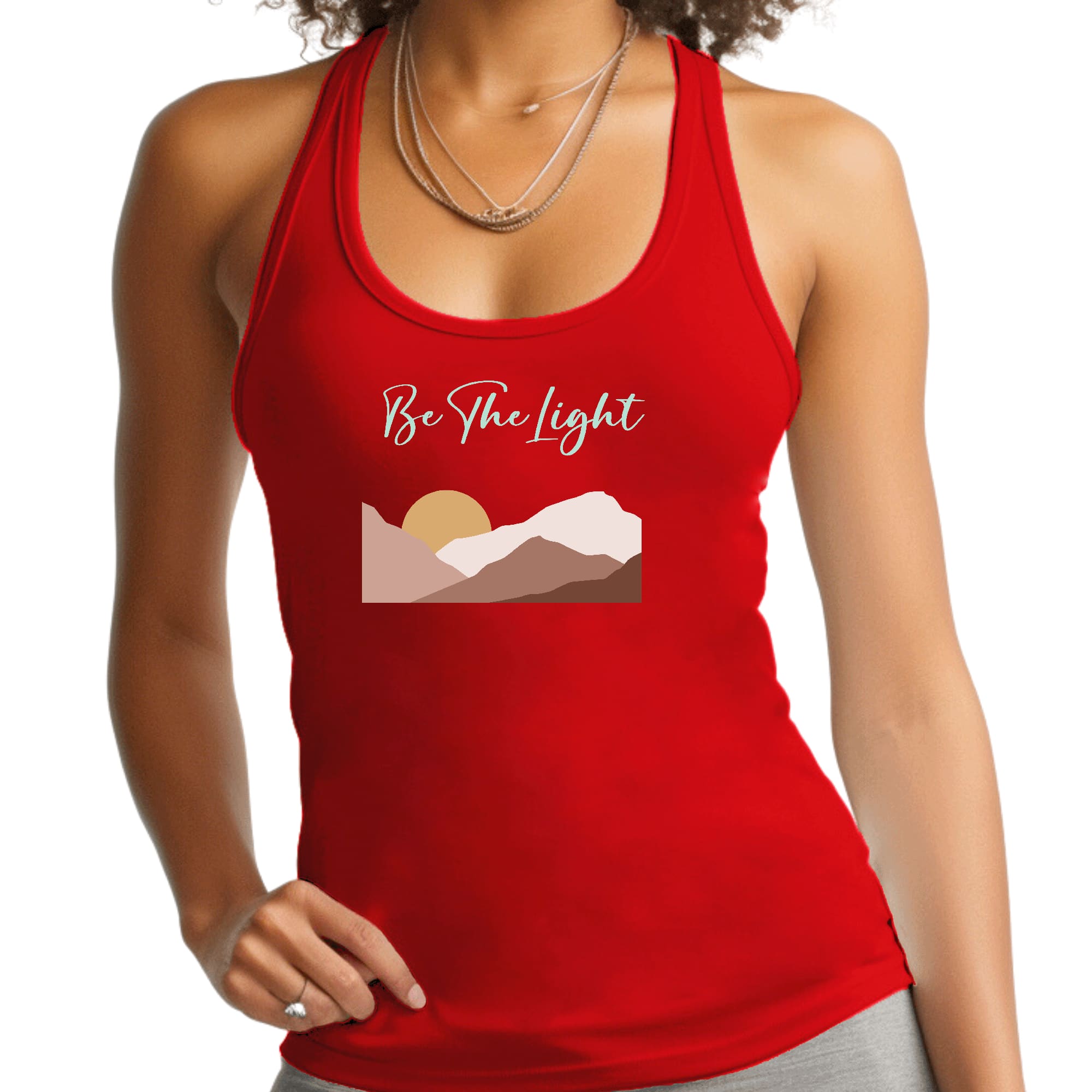 A stylish women's fitness tank top featuring the inspirational phrase 'Say It Soul, Be The Light' in a boho aesthetic design, made from soft preshrunk cotton.