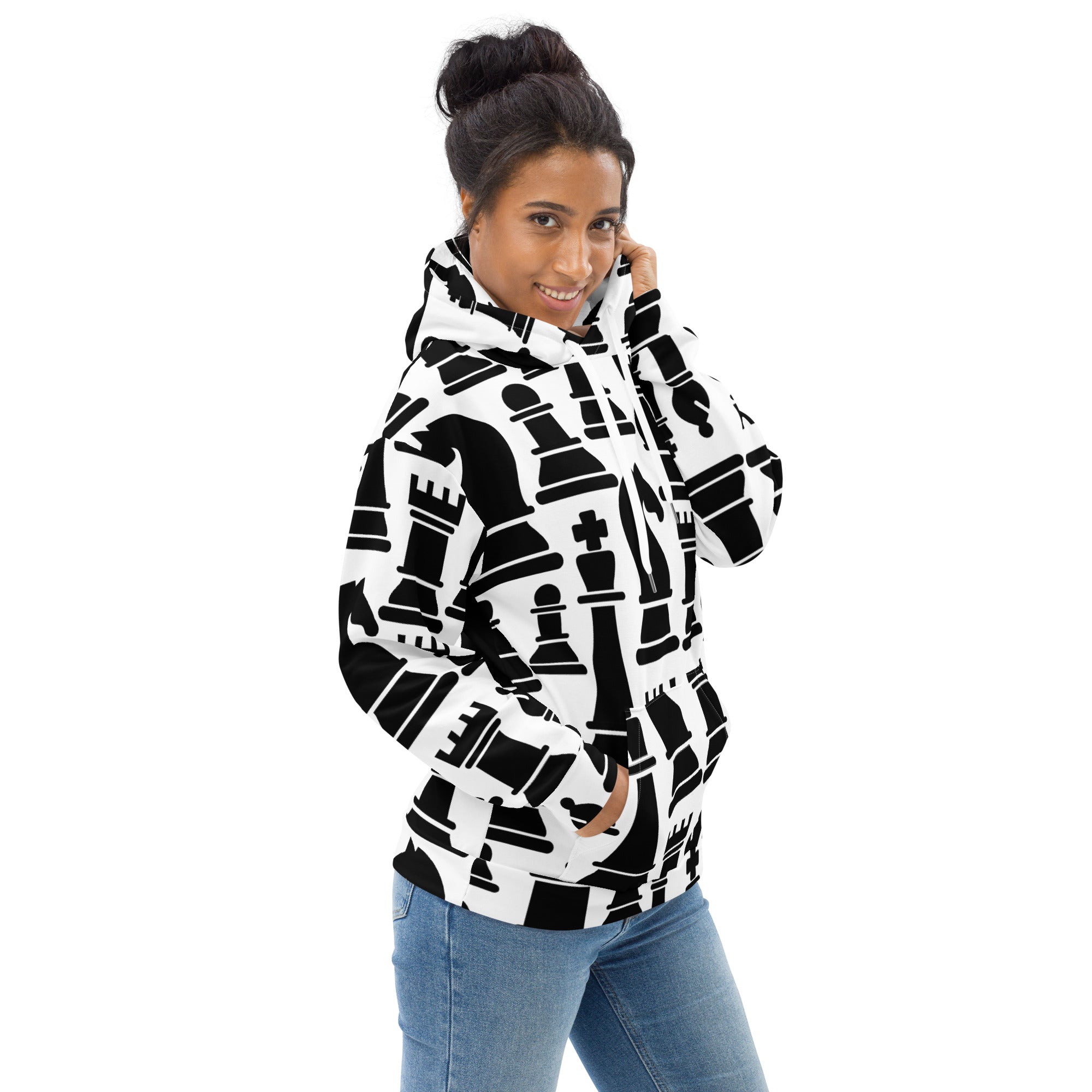 Women's black and white graphic hoodie featuring a chess print, showcasing a stylish design with a comfortable hood and front pouch pocket.