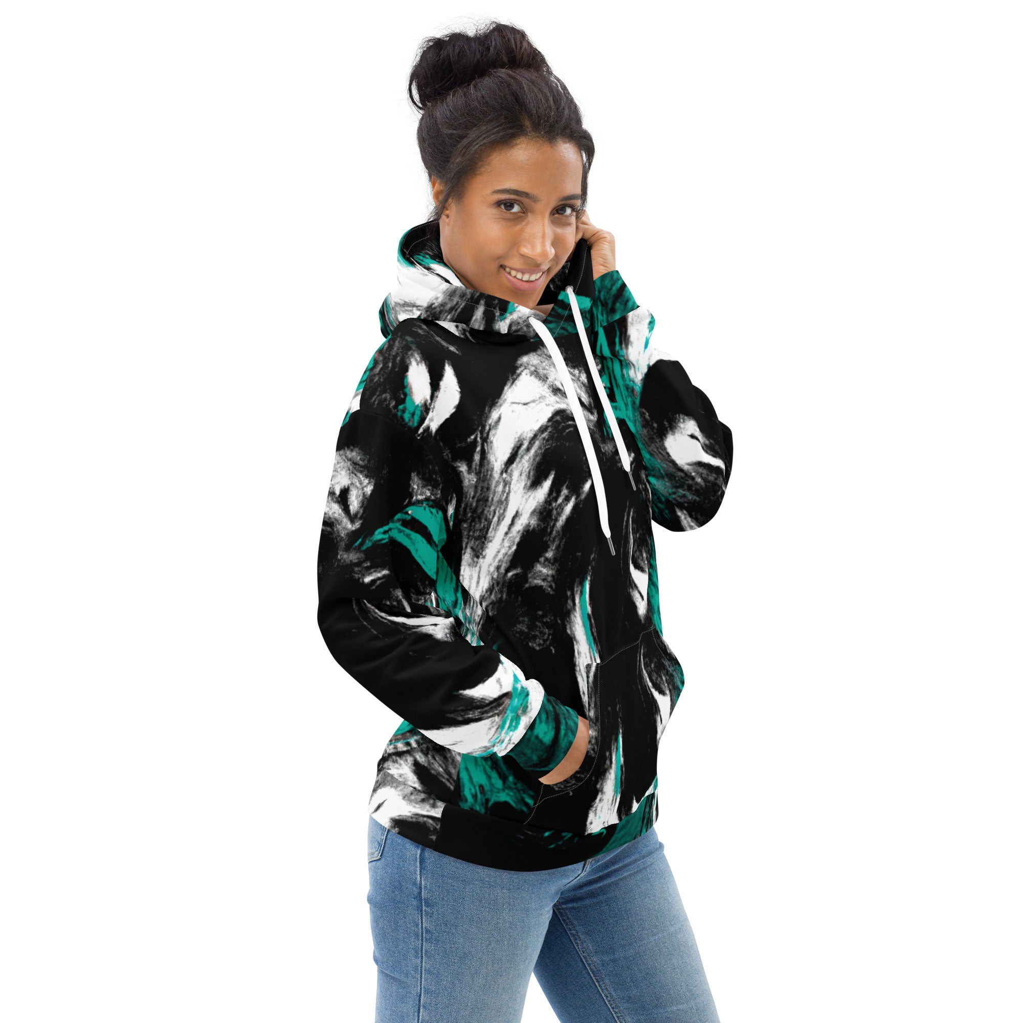 Womens Graphic Hoodie featuring a black, green, and white abstract pattern, showcasing a stylish design with a comfortable fit.