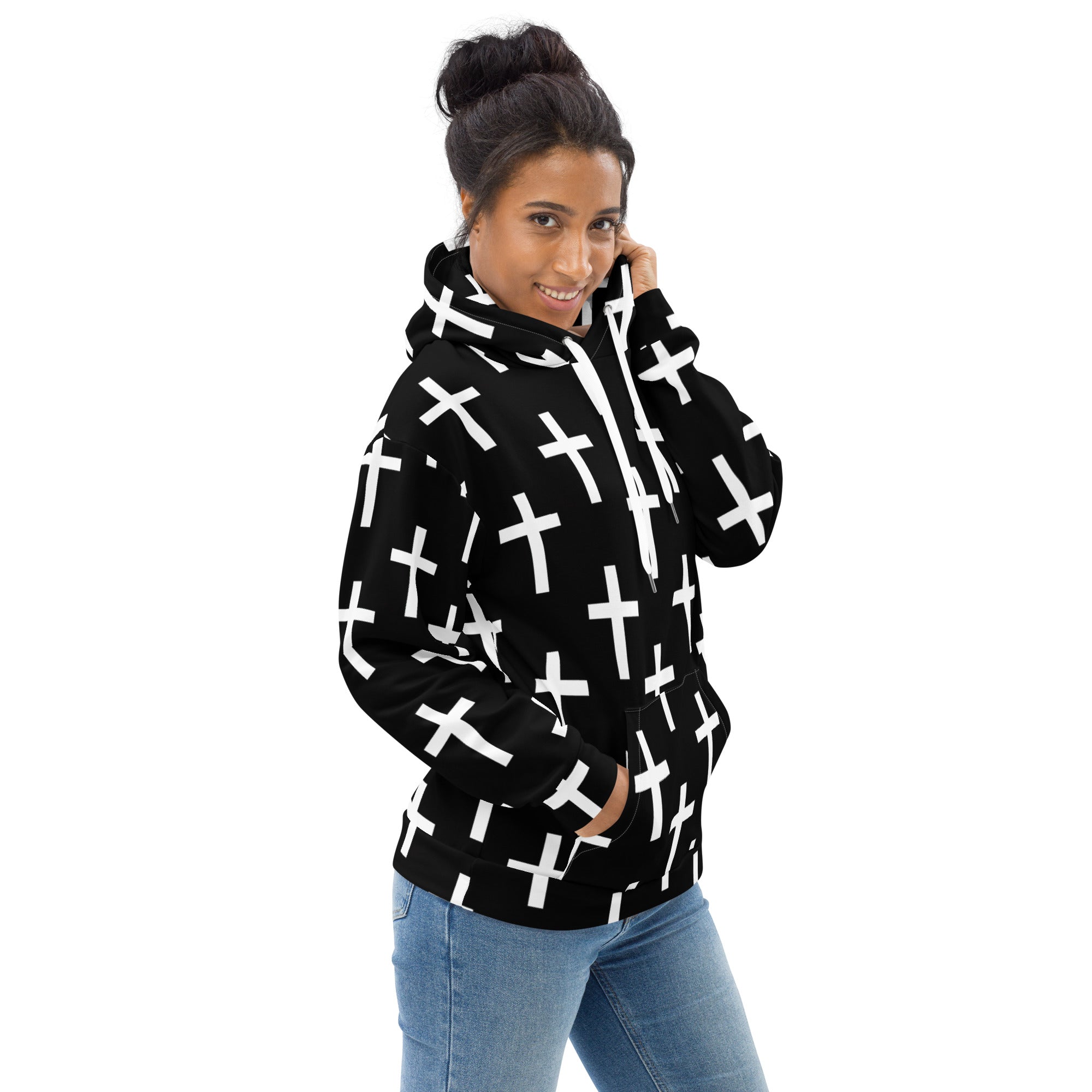 Womens Graphic Hoodie in black and white featuring a seamless cross print, showcasing a stylish and comfortable design.