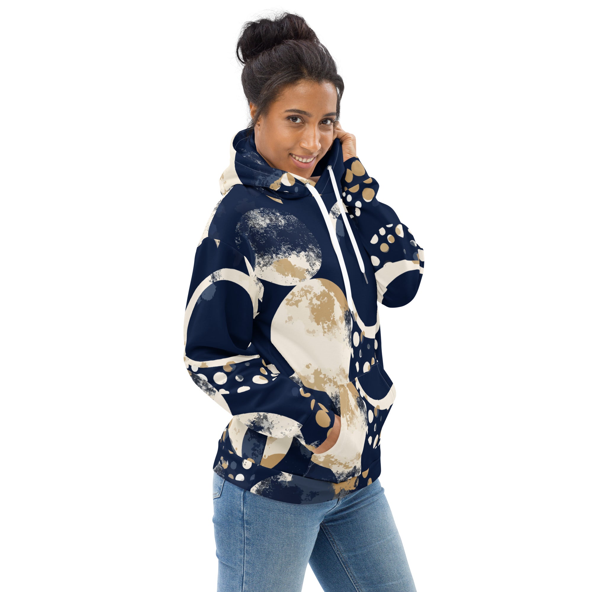 Women's Graphic Hoodie in Blue and Beige with spotted print, featuring a double-lined hood and front pouch pocket.