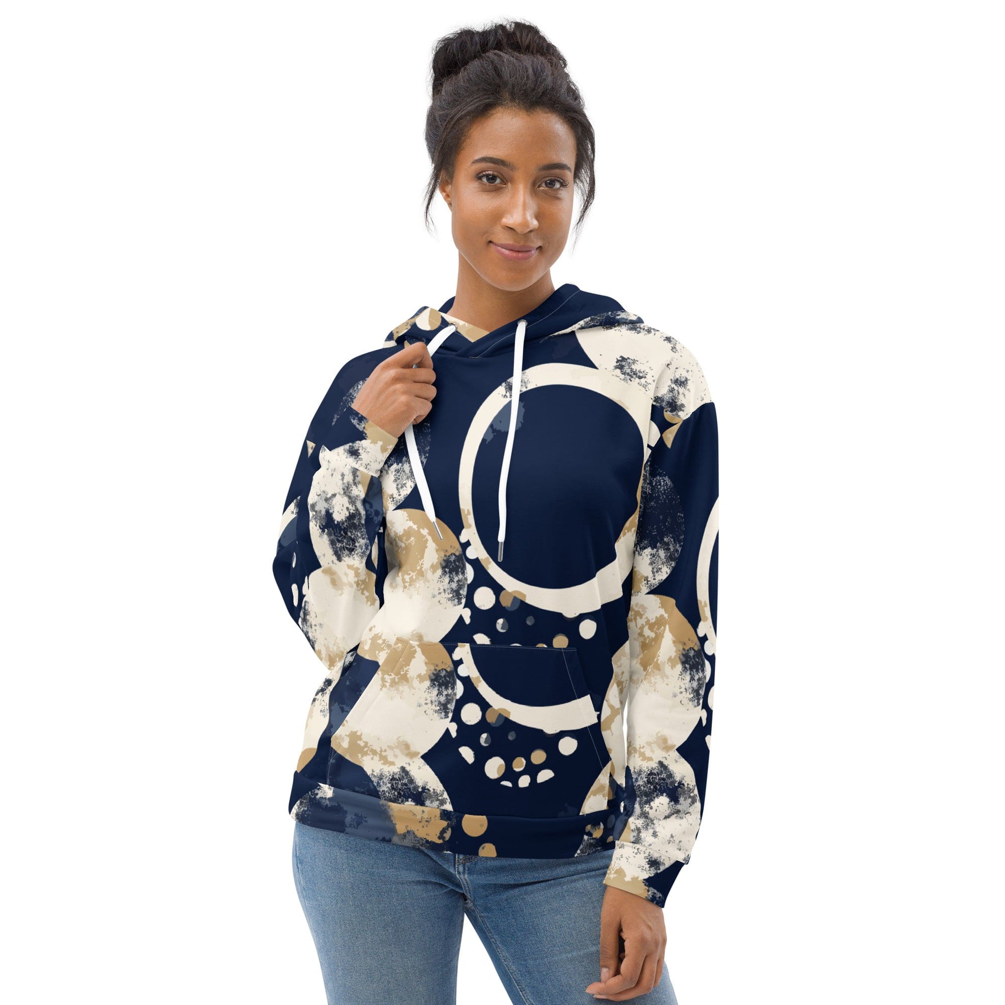 Women's Graphic Hoodie in Blue and Beige with spotted print, featuring a double-lined hood and front pouch pocket.