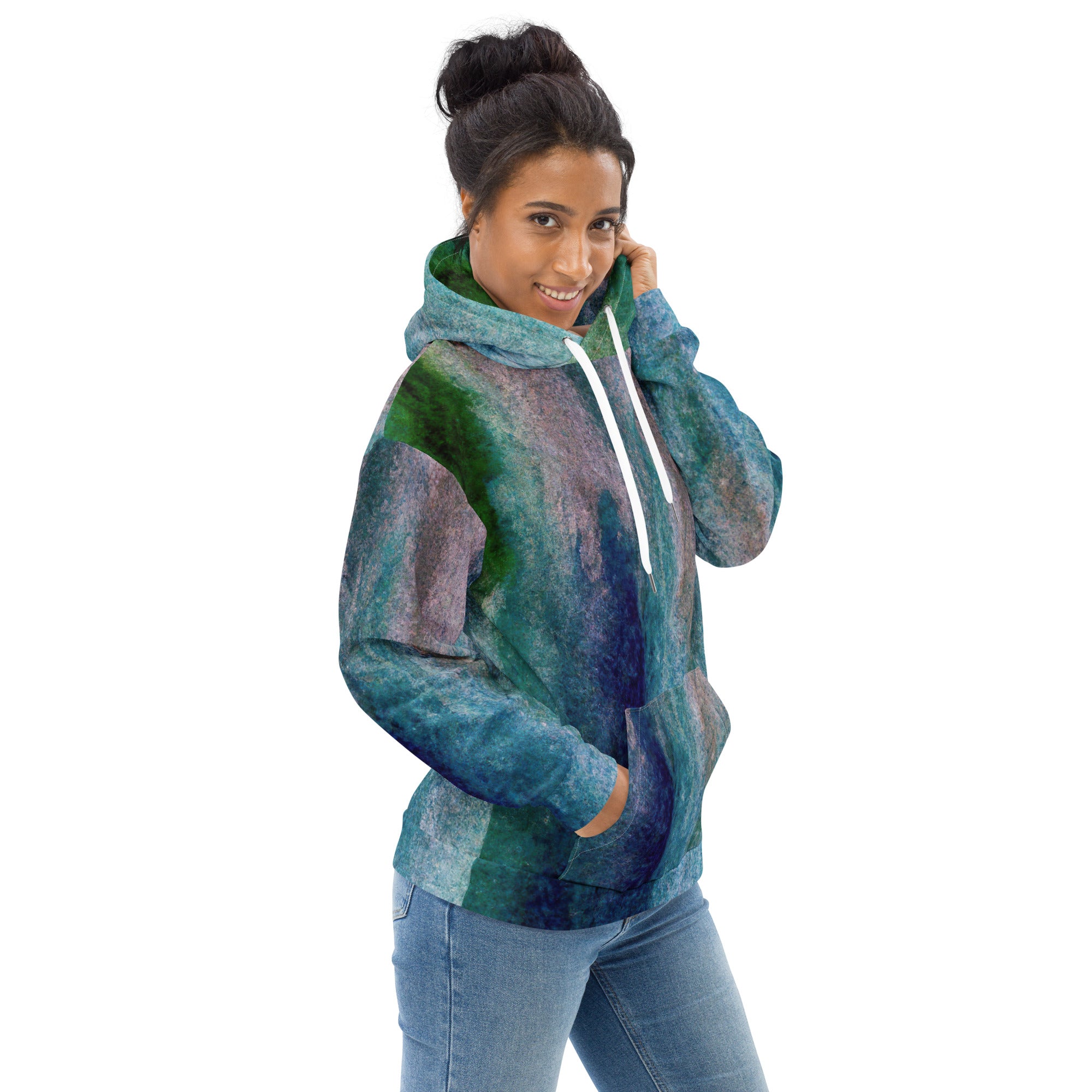 Women's Graphic Hoodie featuring a blue hue watercolor abstract print, showcasing vibrant colors and a stylish design.