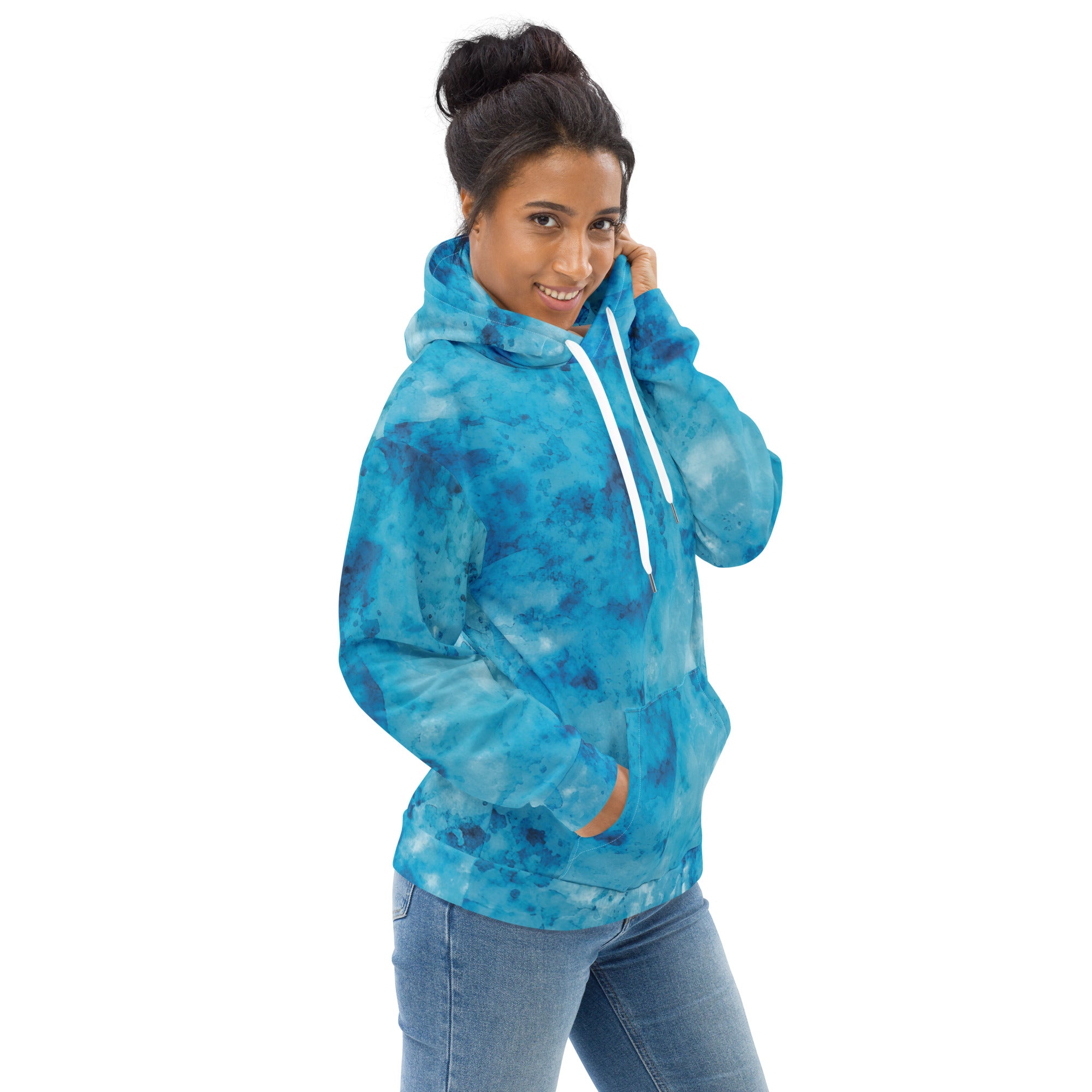 Women's Graphic Hoodie featuring a blue marble print, showcasing a stylish design with a double-lined hood and front pouch pocket.