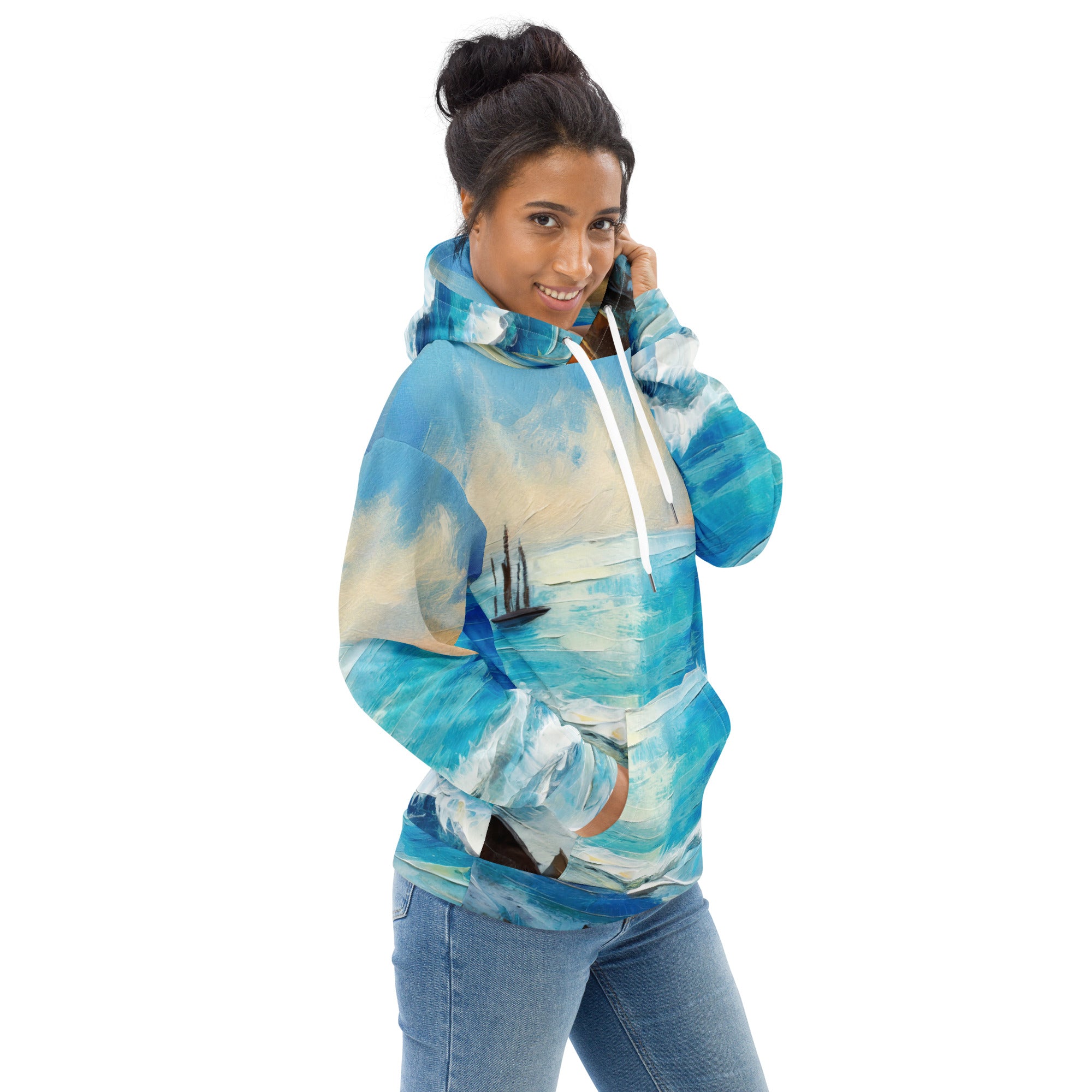 Women's Graphic Hoodie featuring a vibrant Blue Ocean Print, showcasing a stylish design with a comfortable hood and front pouch pocket.