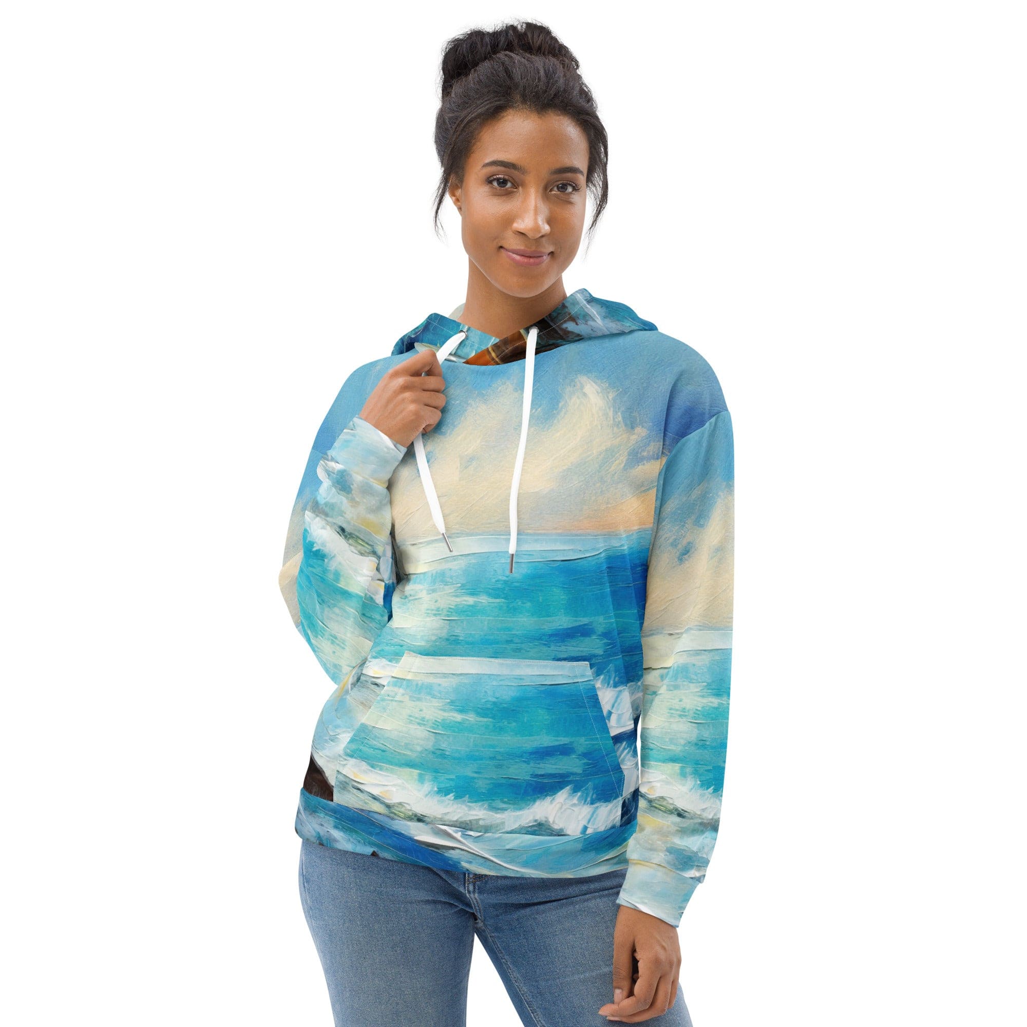 Women's Graphic Hoodie featuring a vibrant Blue Ocean Print, showcasing a stylish design with a comfortable hood and front pouch pocket.