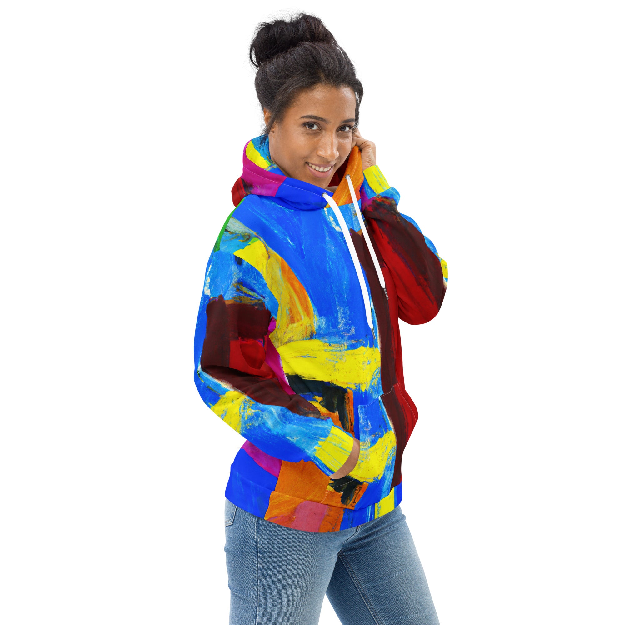 Women's Graphic Hoodie featuring a vibrant blue and red abstract pattern, designed for comfort and style with a classic fit.