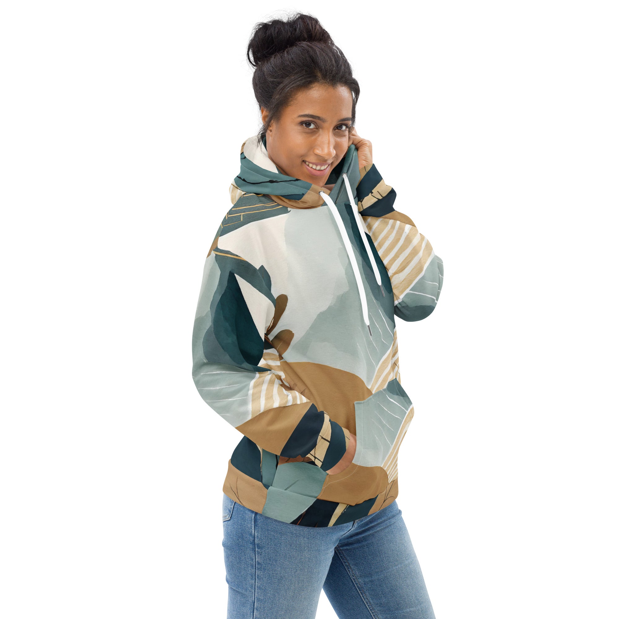 Womens Graphic Hoodie featuring a vibrant boho style print, double-lined hood, and front pouch pocket, perfect for casual wear.