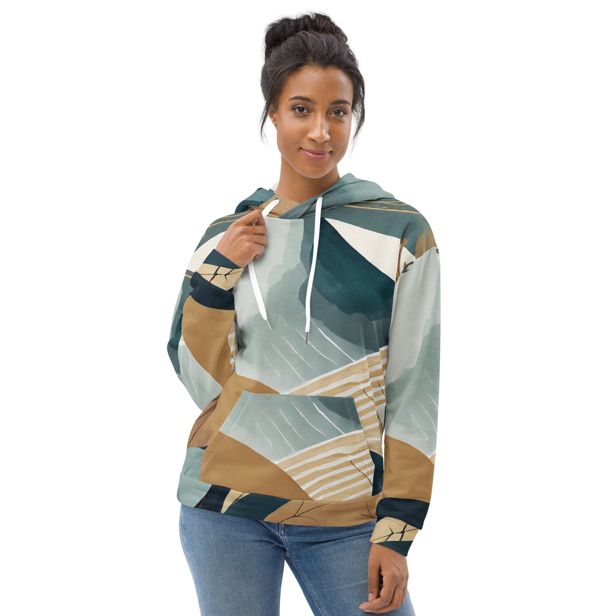 Womens Graphic Hoodie featuring a vibrant boho style print, double-lined hood, and front pouch pocket, perfect for casual wear.