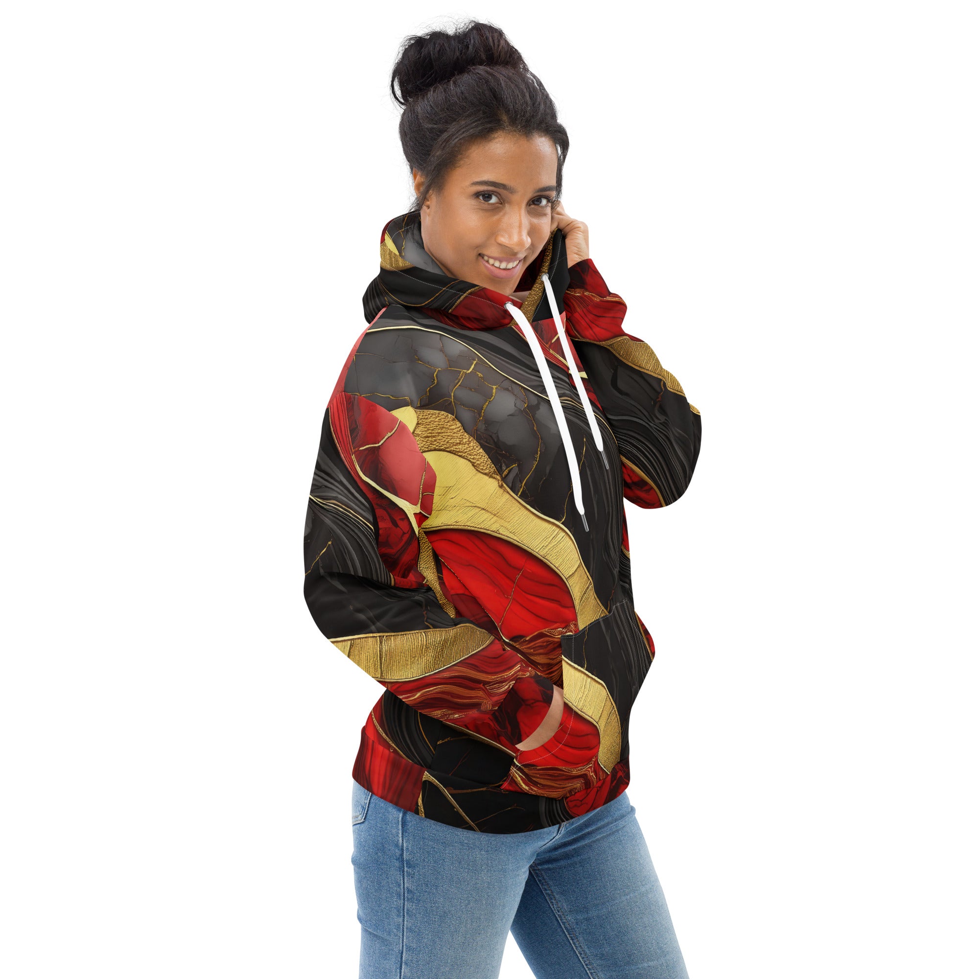 Womens Graphic Hoodie featuring a bold red and gold tones print, showcasing a stylish design with a double-lined hood and front pouch pocket.