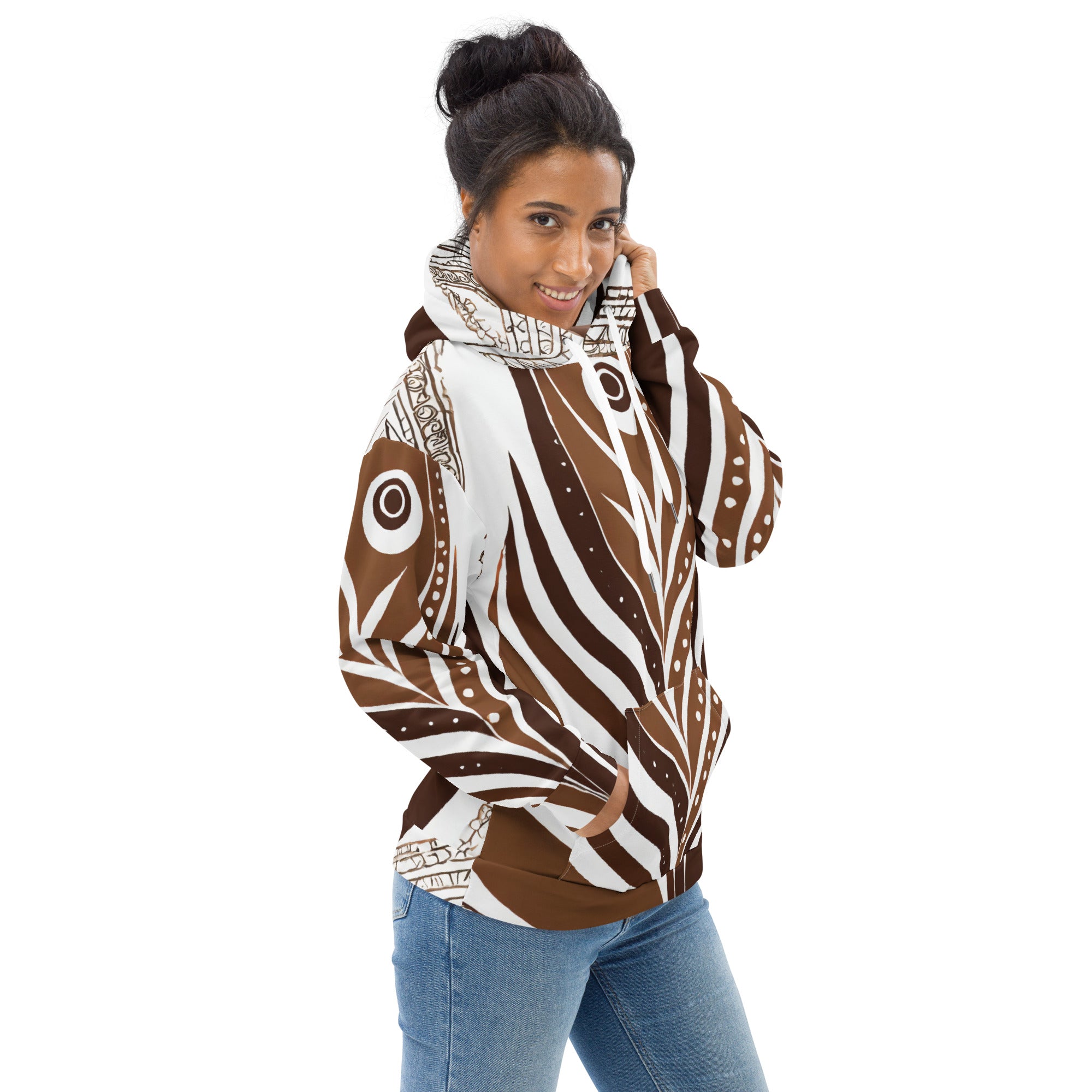 Womens Graphic Hoodie featuring a brown floral line art print, showcasing a stylish design with a comfortable hood and front pouch pocket.