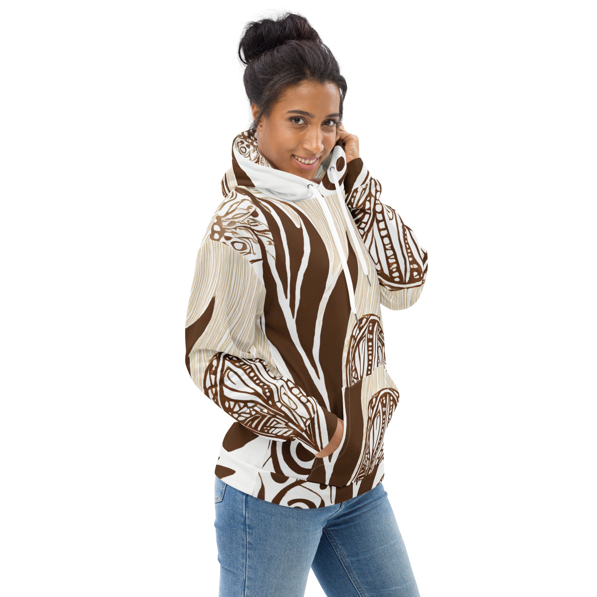 Womens Graphic Hoodie featuring a brown floral line art print, showcasing a stylish design with a comfortable hood and front pouch pocket.