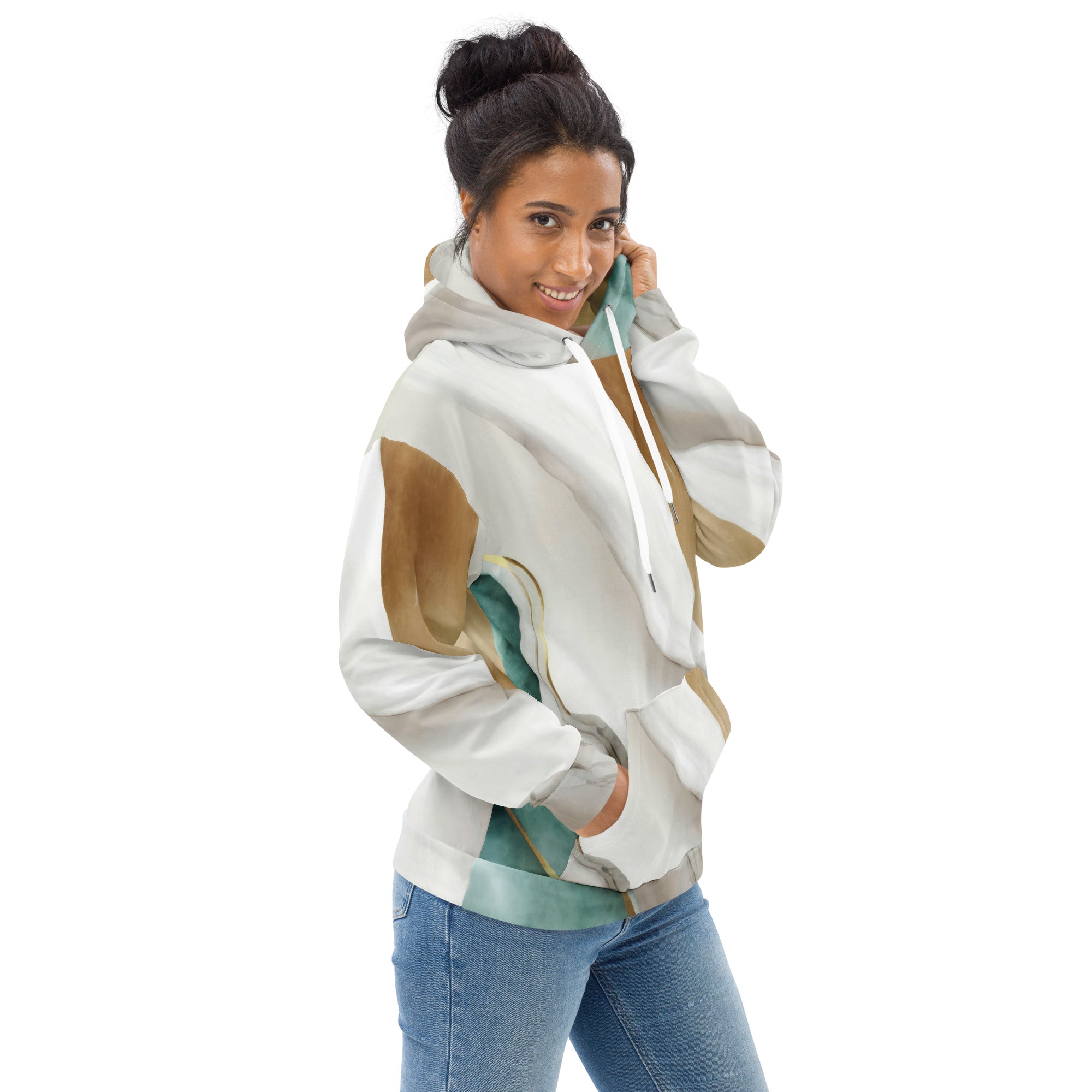 Women's Graphic Hoodie featuring a cream white and green marbled print, showcasing a stylish design with a double-lined hood and front pouch pocket.