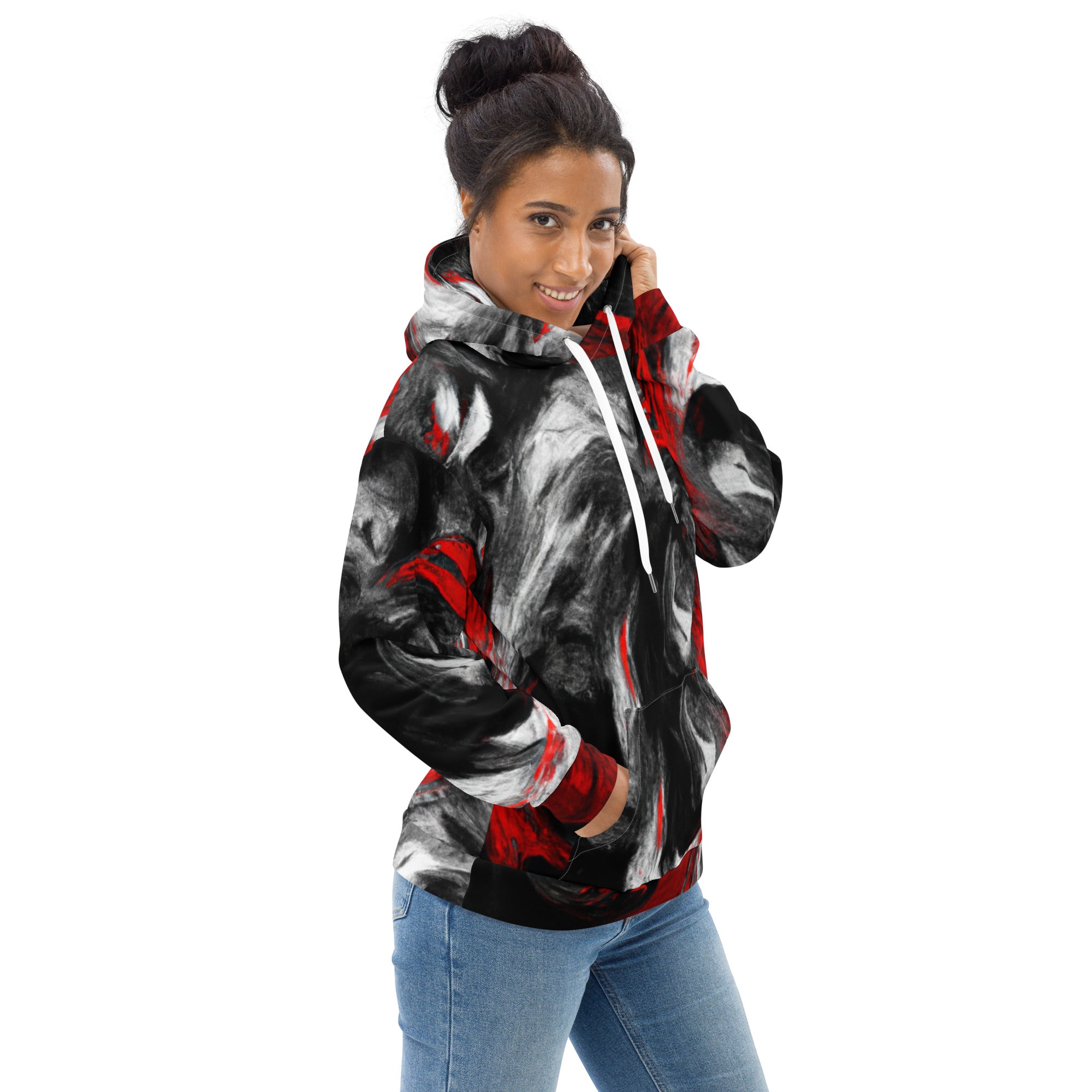 Women's Graphic Hoodie in black, red, and white abstract pattern, showcasing a stylish design with a comfortable hood and front pouch pocket.