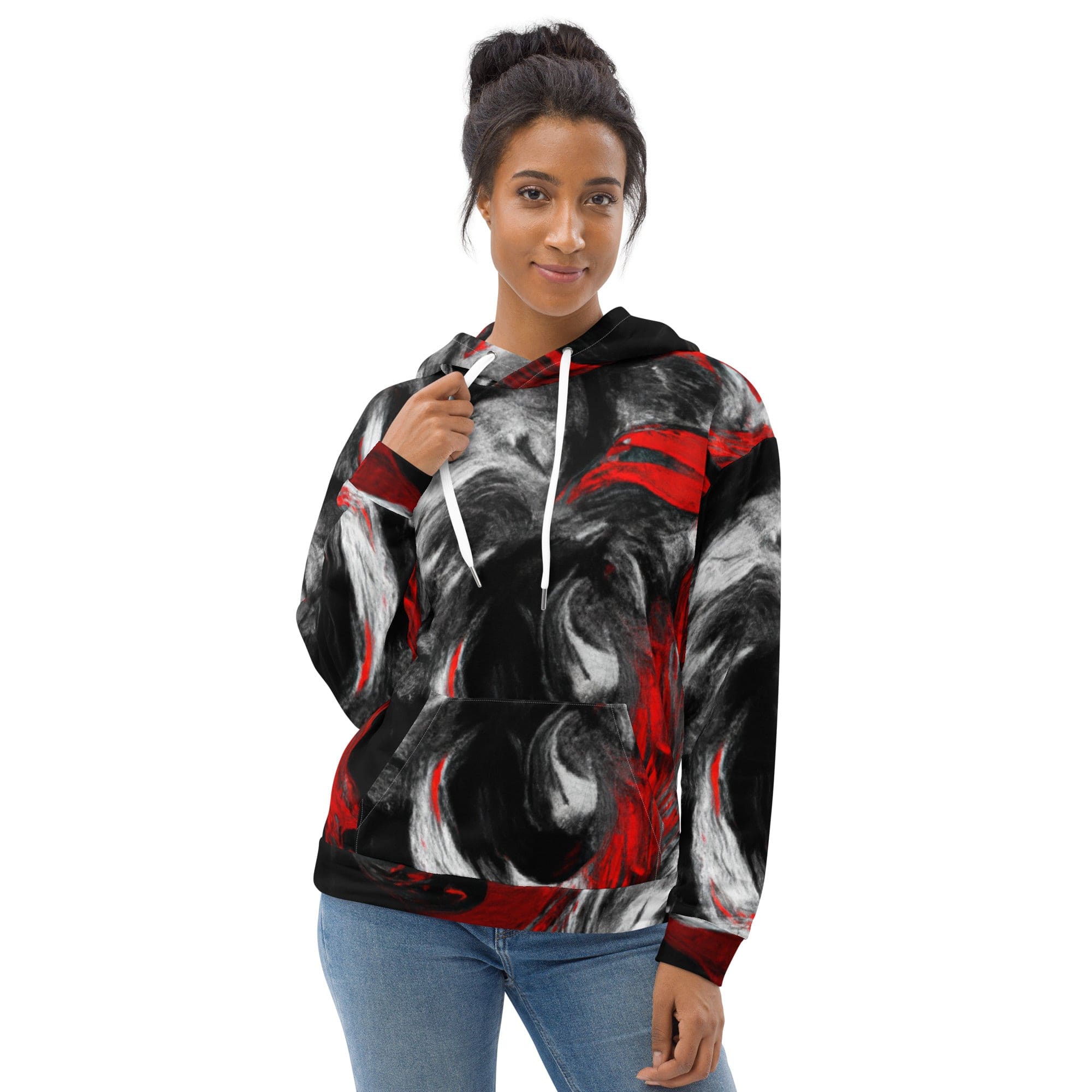 Women's Graphic Hoodie in black, red, and white abstract pattern, showcasing a stylish design with a comfortable hood and front pouch pocket.