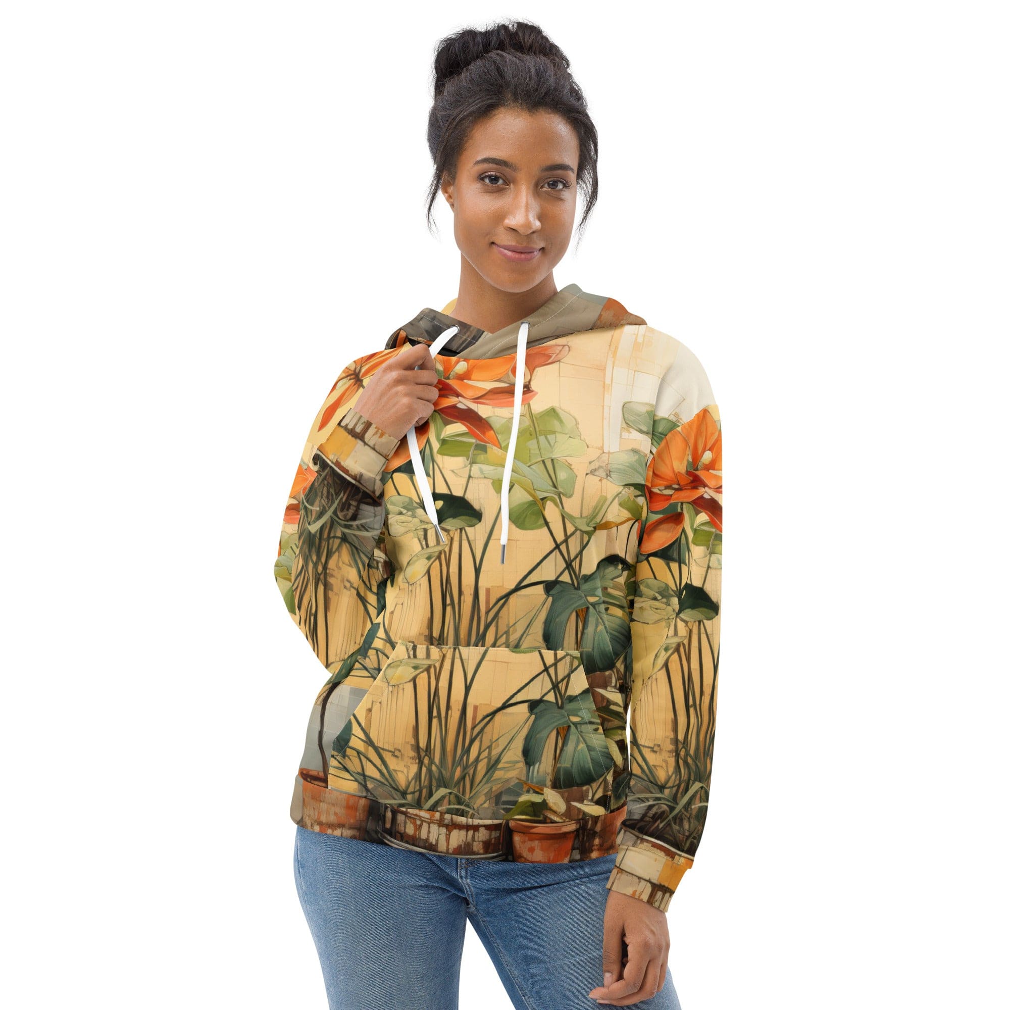 Womens Graphic Hoodie featuring earthy rustic potted plants print, showcasing vibrant colors and a stylish design with a comfortable fit.