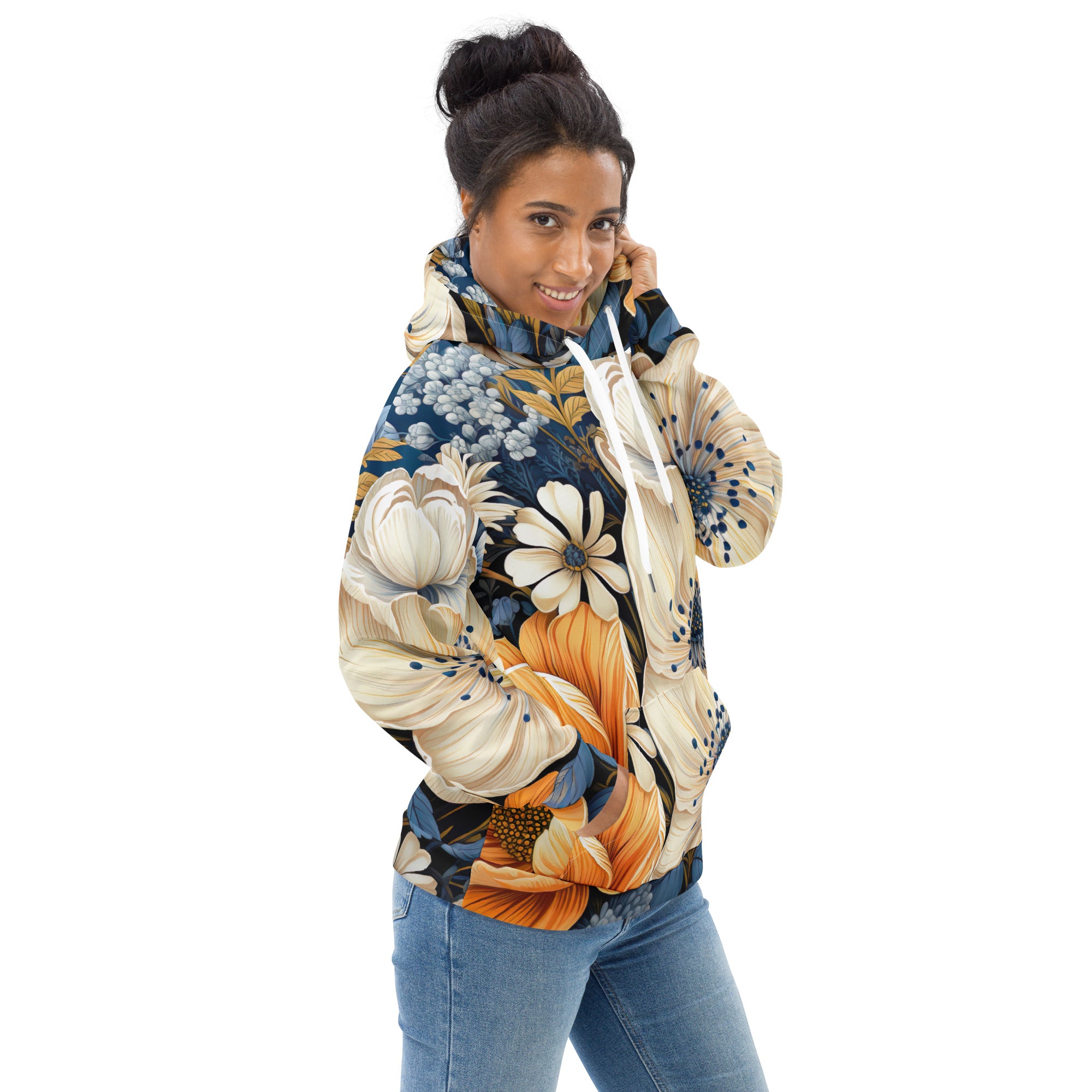 A stylish women's graphic hoodie featuring a vibrant blue floral print, designed for comfort and urban flair.