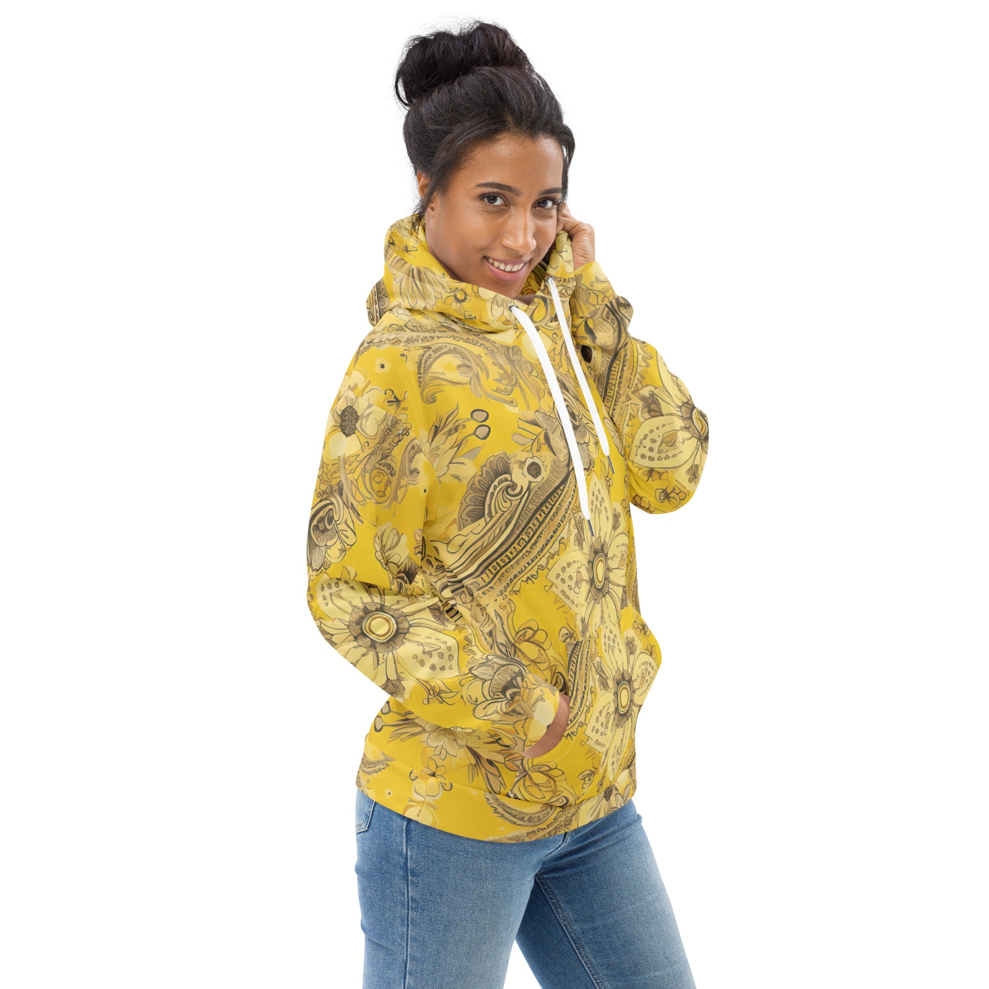 A vibrant yellow women's graphic hoodie featuring a floral bandanna print, showcasing a stylish design with a comfortable fit.