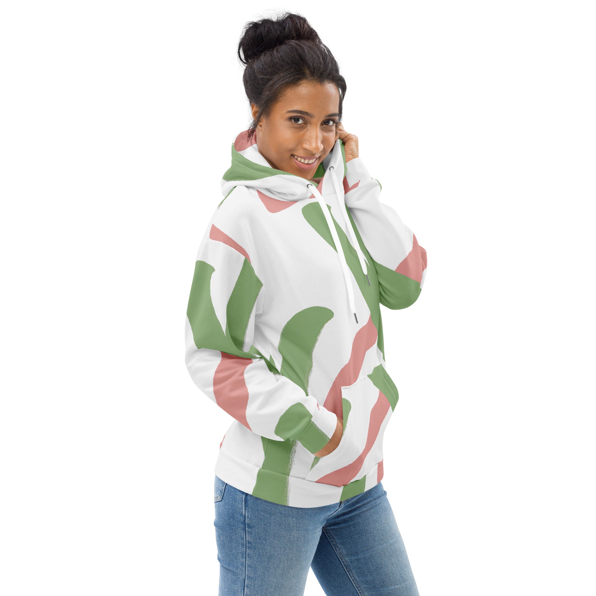 Women's Graphic Hoodie in Green Mauve Abstract Brush Stroke Pattern, featuring a double-lined hood and front pouch pocket.