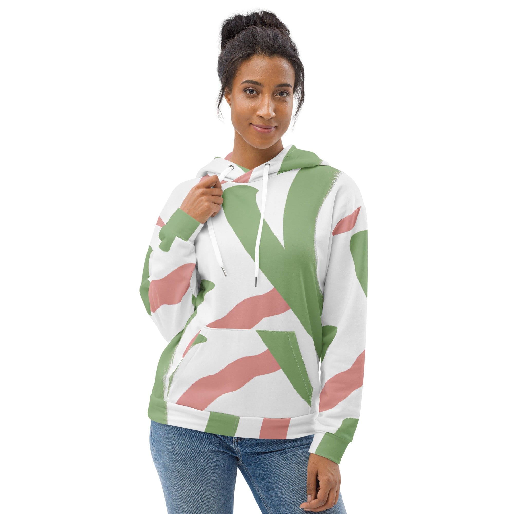 Women's Graphic Hoodie in Green Mauve Abstract Brush Stroke Pattern, featuring a double-lined hood and front pouch pocket.