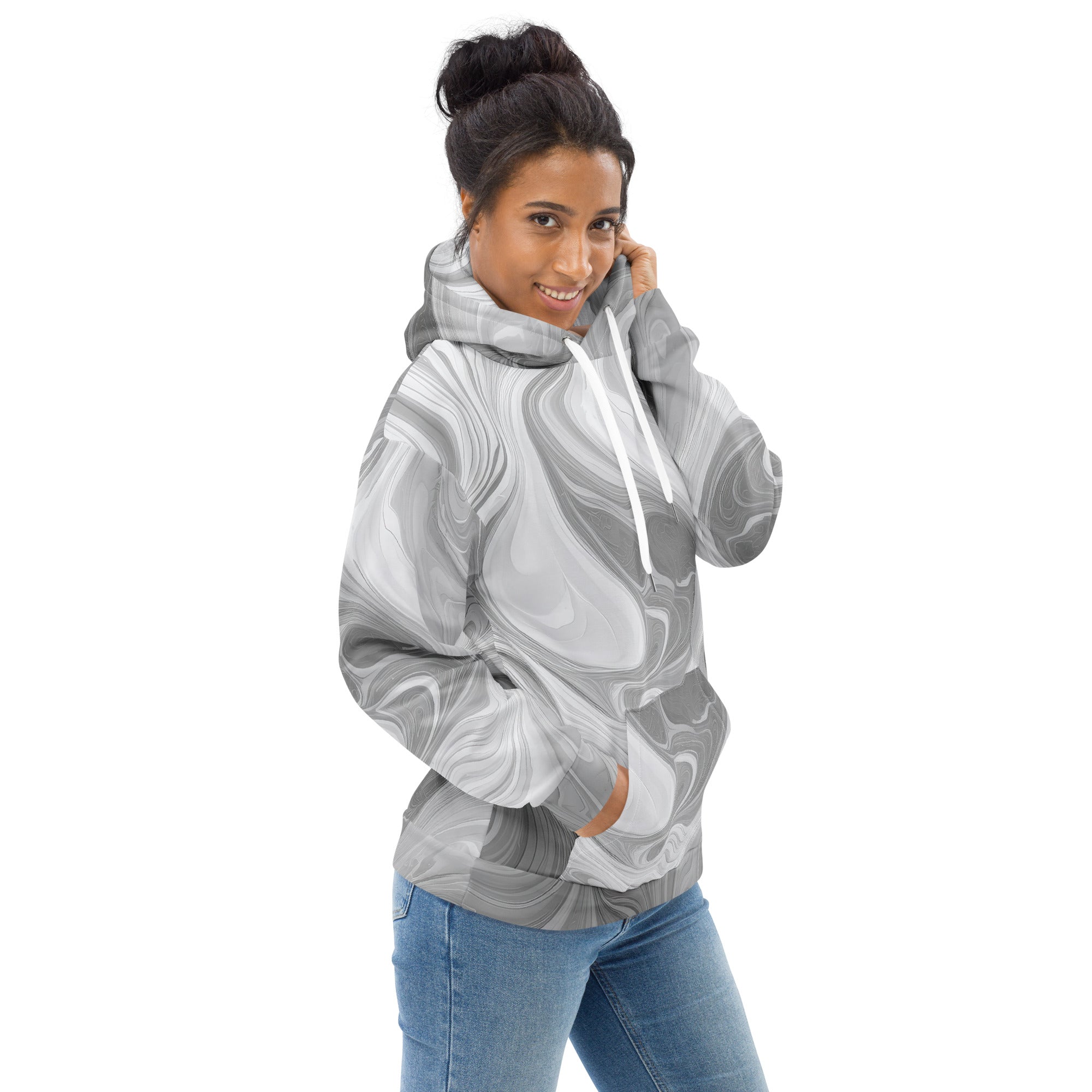 Women's grey and white graphic hoodie featuring a Boho marble print, showcasing a stylish design with a comfortable fit.