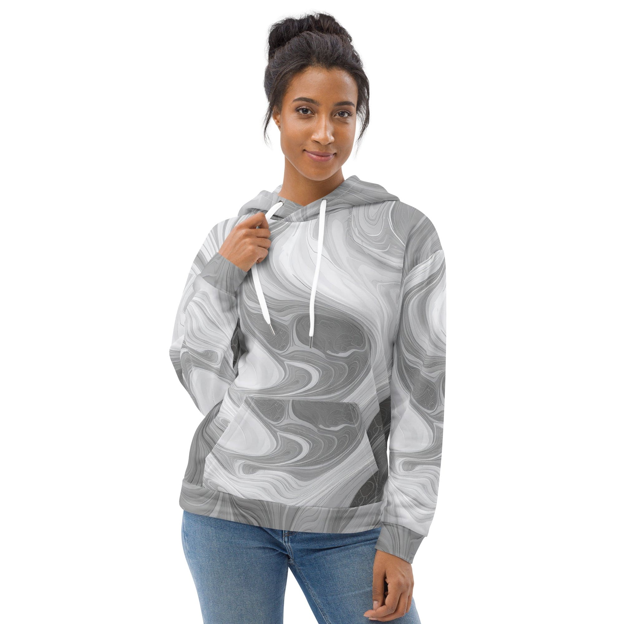 Women's grey and white graphic hoodie featuring a Boho marble print, showcasing a stylish design with a comfortable fit.