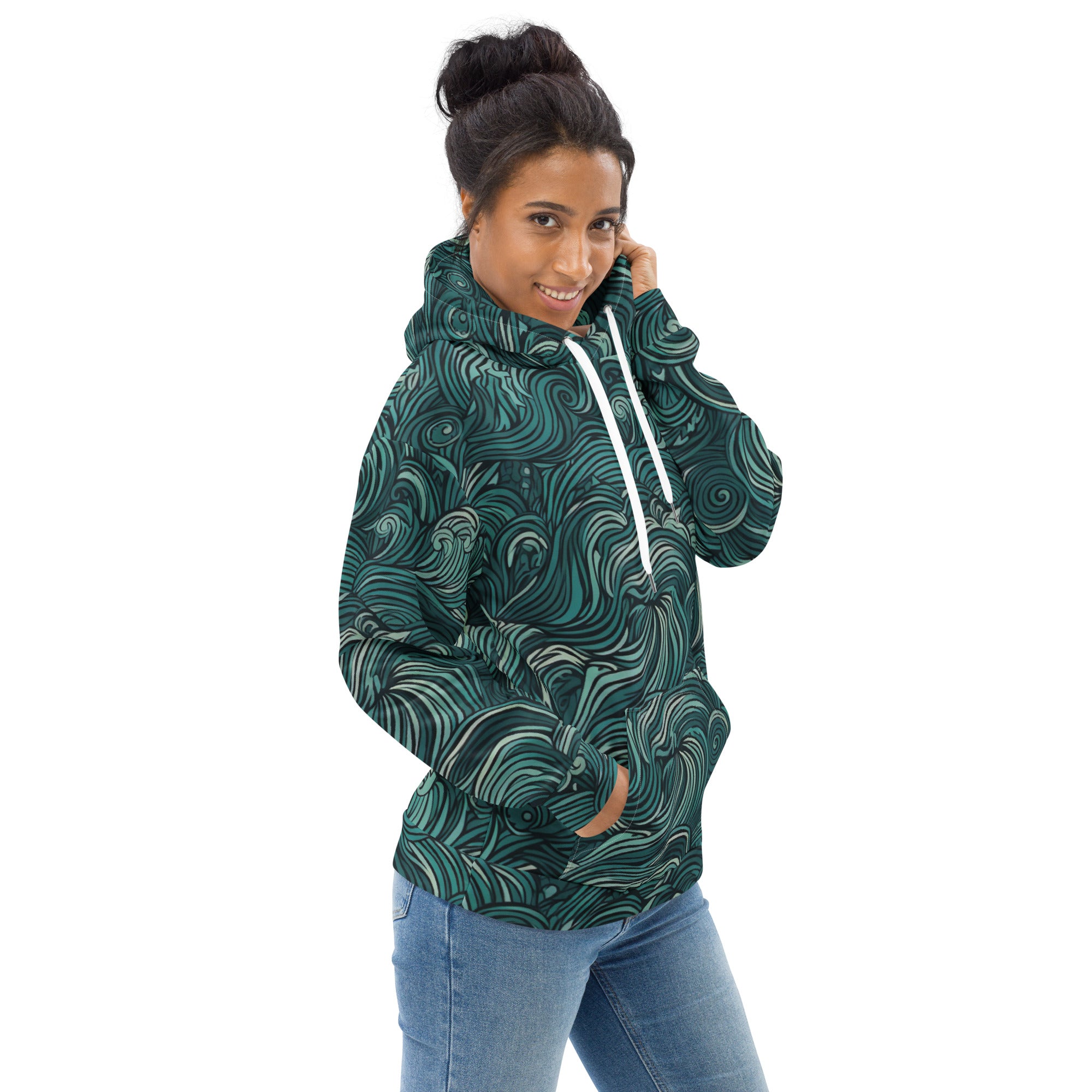 Womens mint green graphic hoodie featuring a vibrant water wave print, showcasing a stylish design with a comfortable fit.