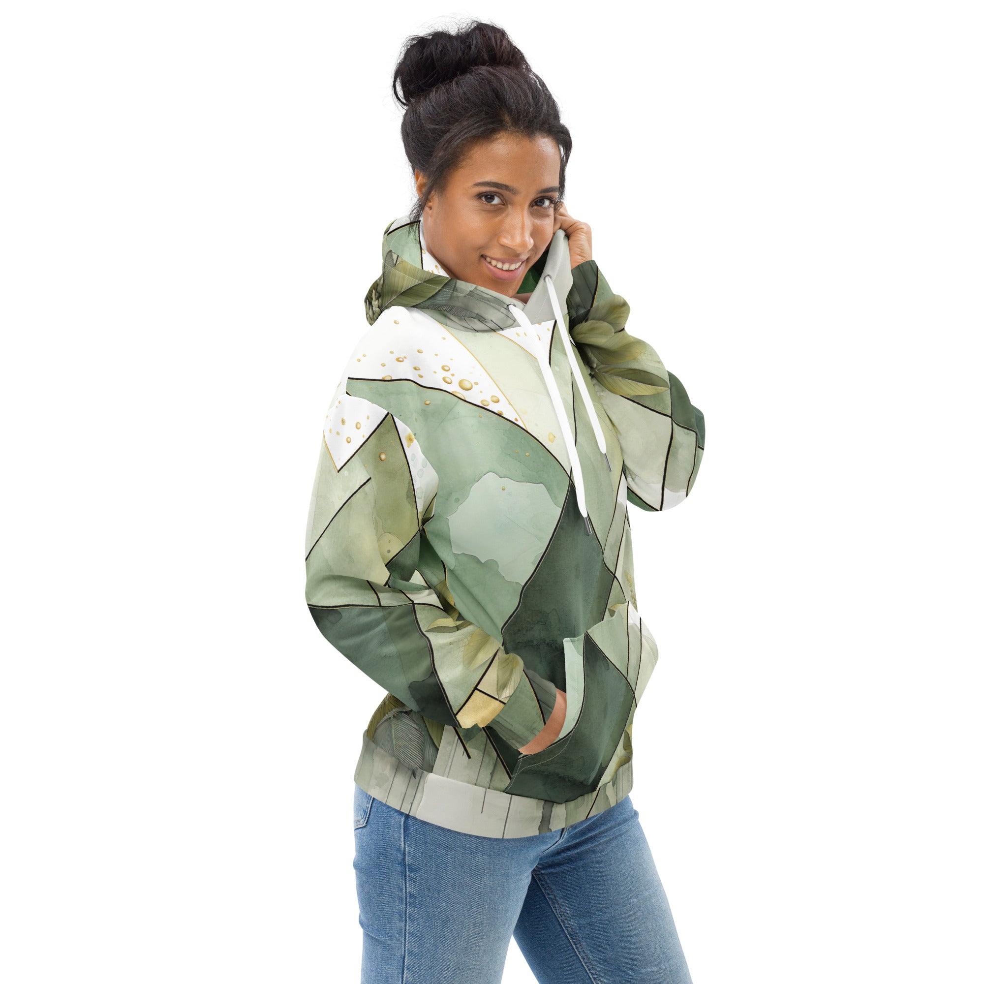 Women's Olive Green Graphic Hoodie featuring Mint Leaf Geometric Print, showcasing a stylish design with a comfortable fit and functional features.