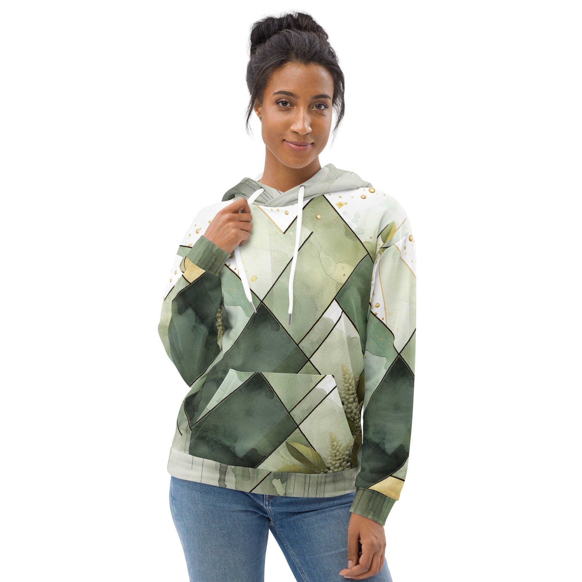 Women's Olive Green Graphic Hoodie featuring Mint Leaf Geometric Print, showcasing a stylish design with a comfortable fit and functional features.