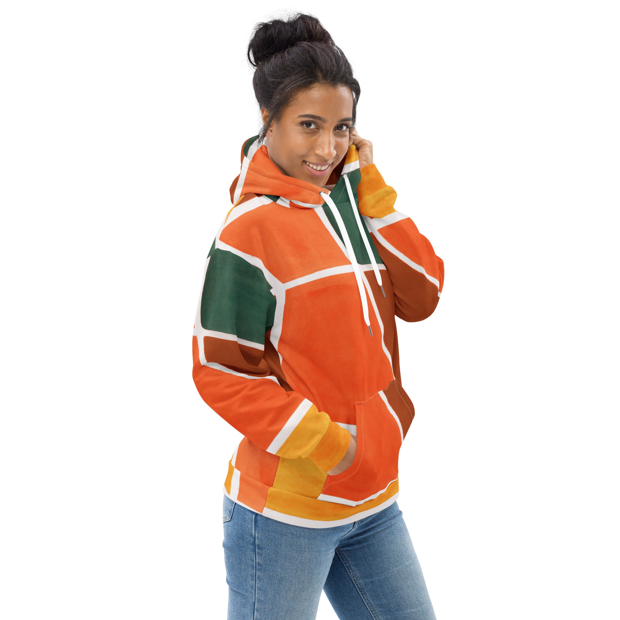 Womens Graphic Hoodie featuring a vibrant orange and green boho pattern, showcasing a stylish design with a comfortable hood and front pouch pocket.