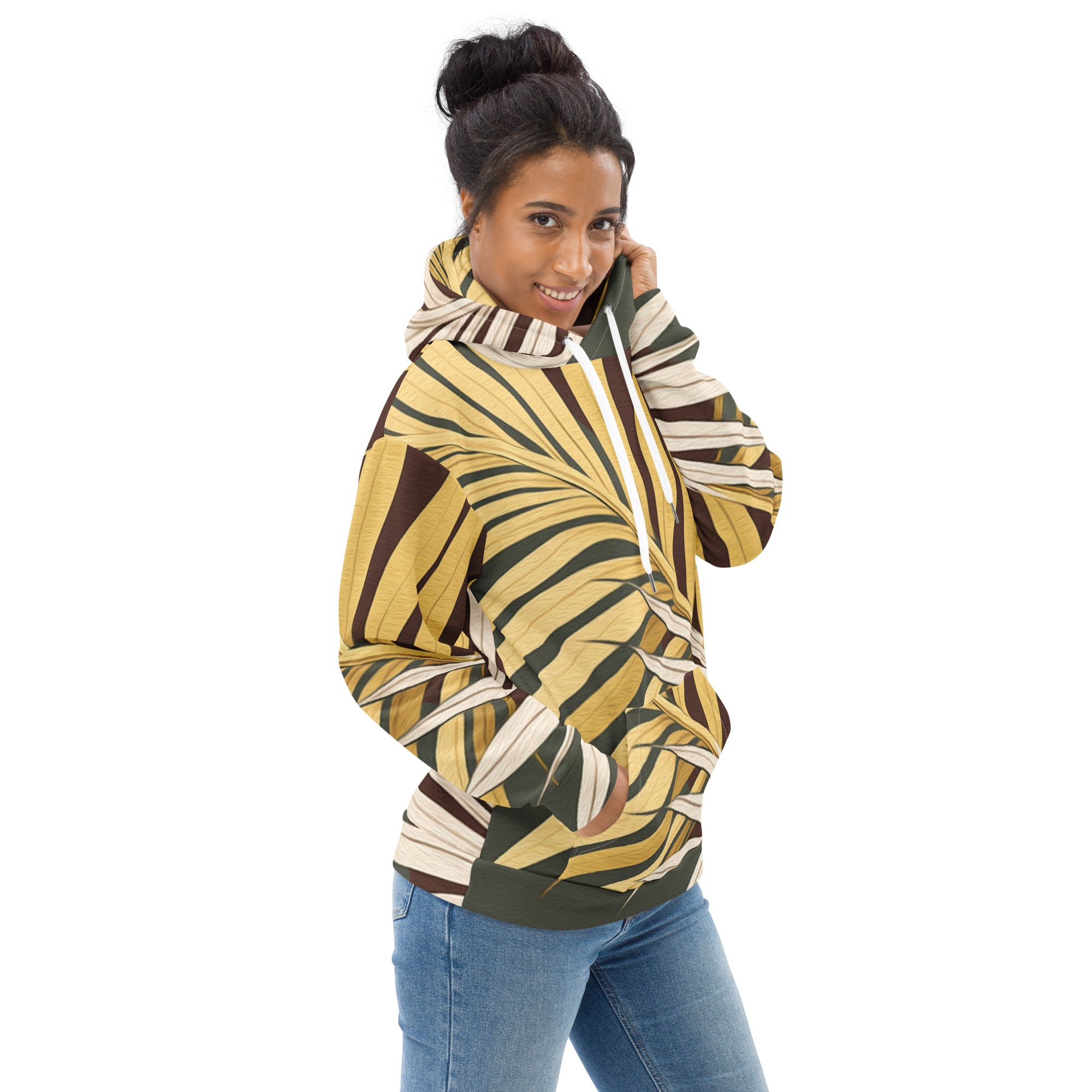 Women's Graphic Hoodie featuring a vibrant Palm Tree Leaves pattern, showcasing a stylish design with a comfortable fit.