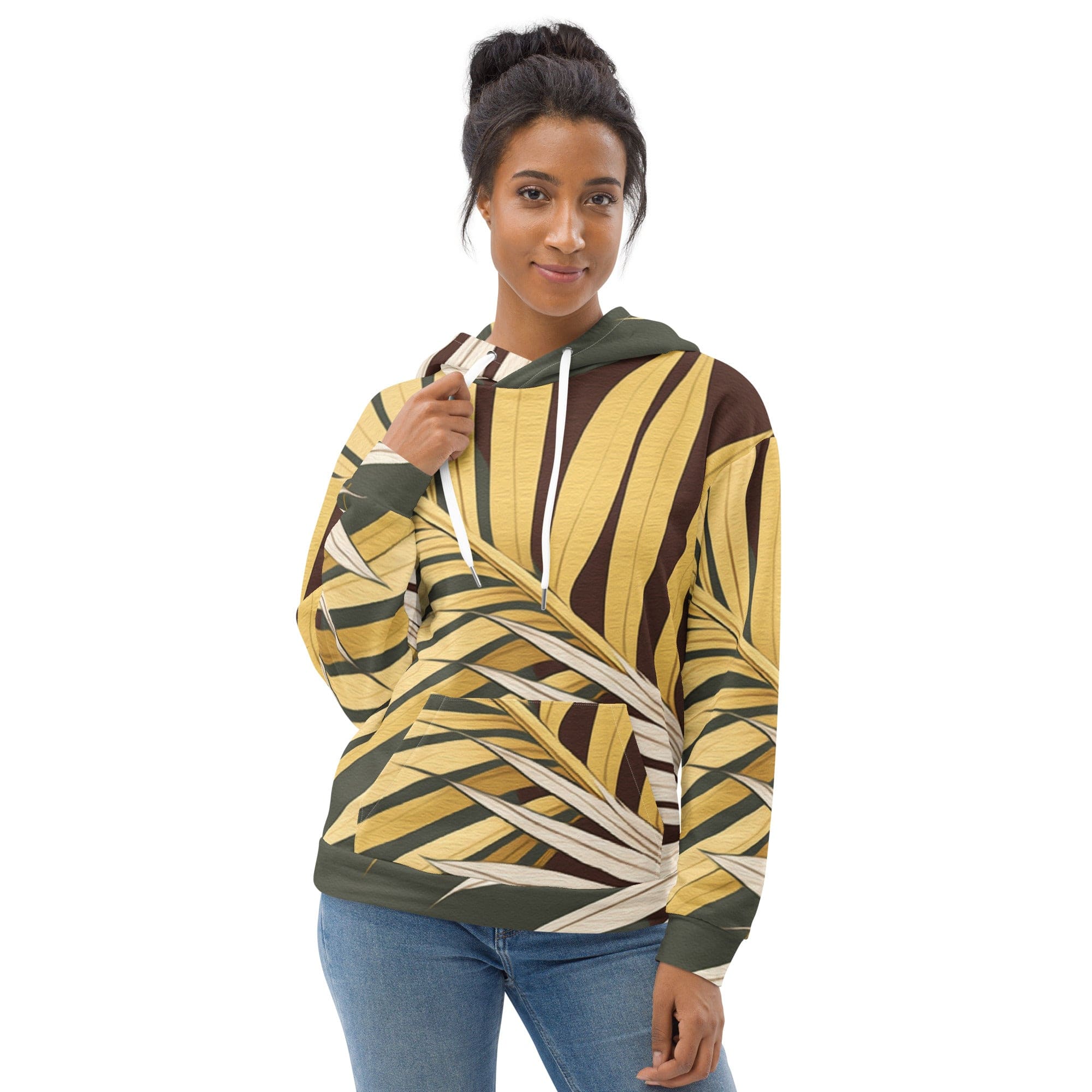 Women's Graphic Hoodie featuring a vibrant Palm Tree Leaves pattern, showcasing a stylish design with a comfortable fit.