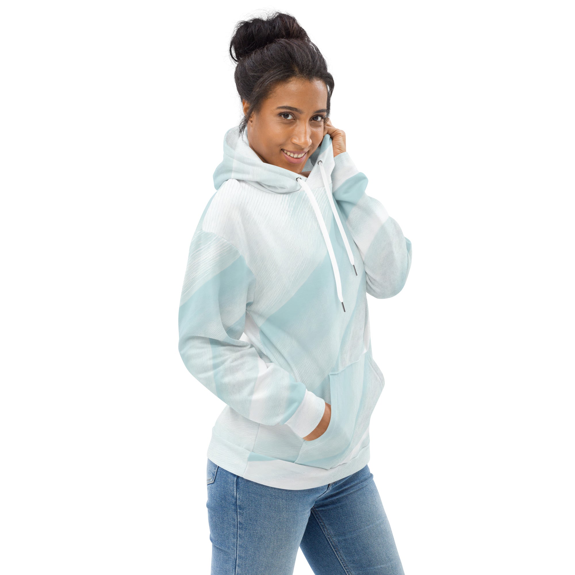 Womens Graphic Hoodie in Pastel Blue Swirl featuring an abstract design, double-lined hood, and front pouch pocket.