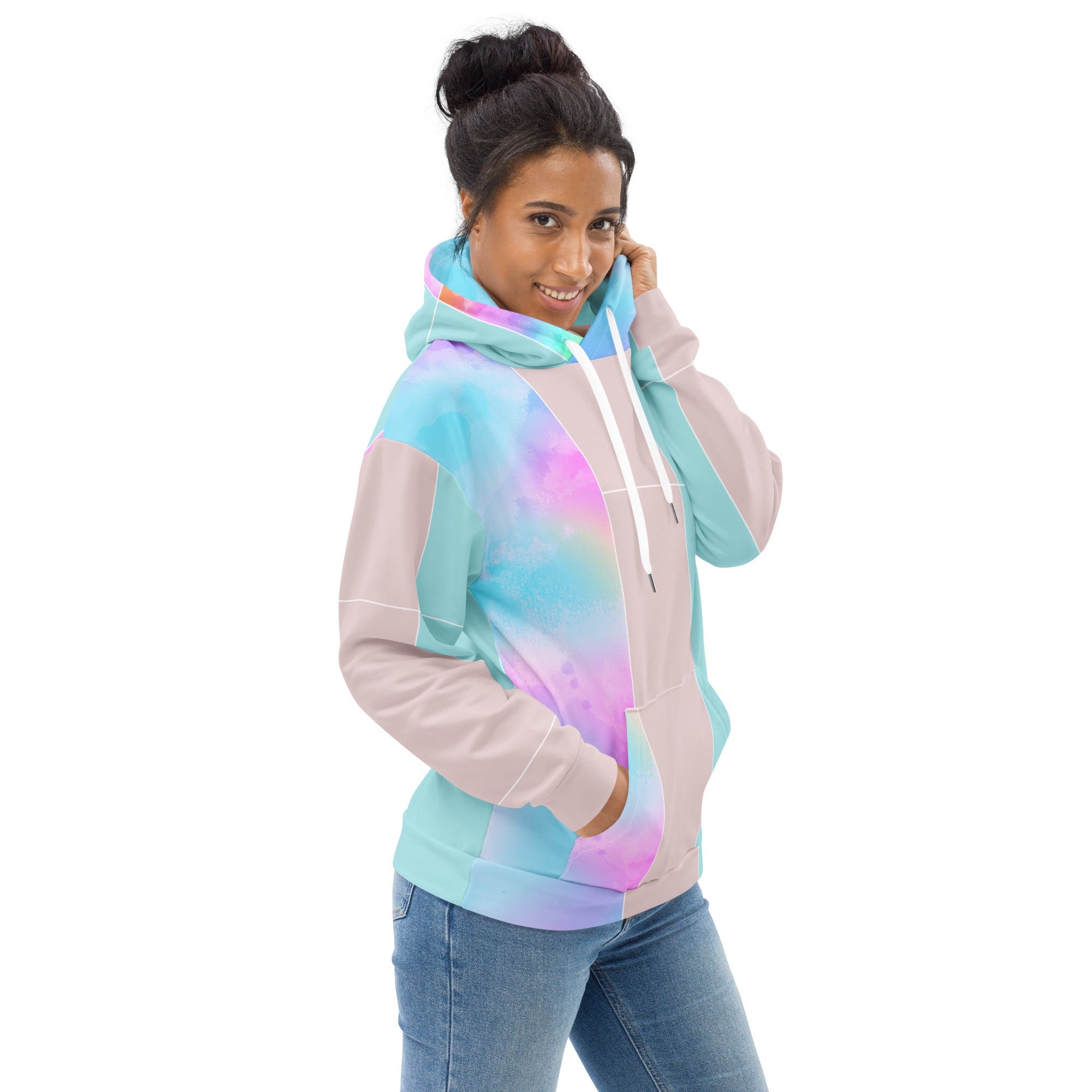 Women's Graphic Hoodie featuring a pastel colorblock watercolor illustration, showcasing vibrant colors and a stylish design.