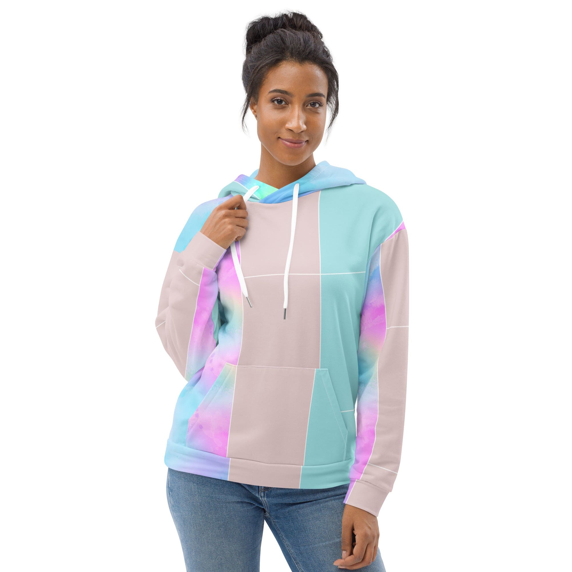 Women's Graphic Hoodie featuring a pastel colorblock watercolor illustration, showcasing vibrant colors and a stylish design.