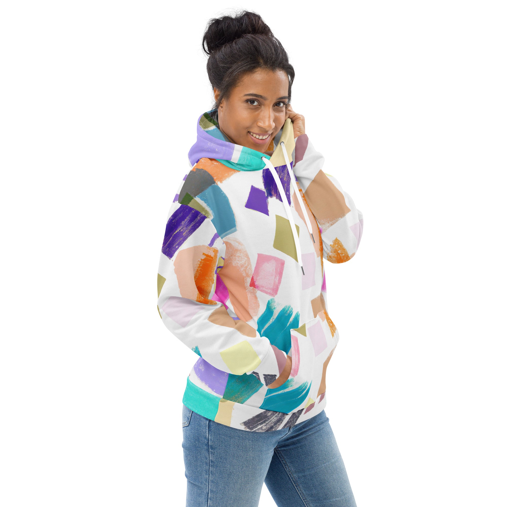 Womens Graphic Hoodie featuring a vibrant pastel pattern, showcasing a stylish design with a double-lined hood and front pouch pocket.