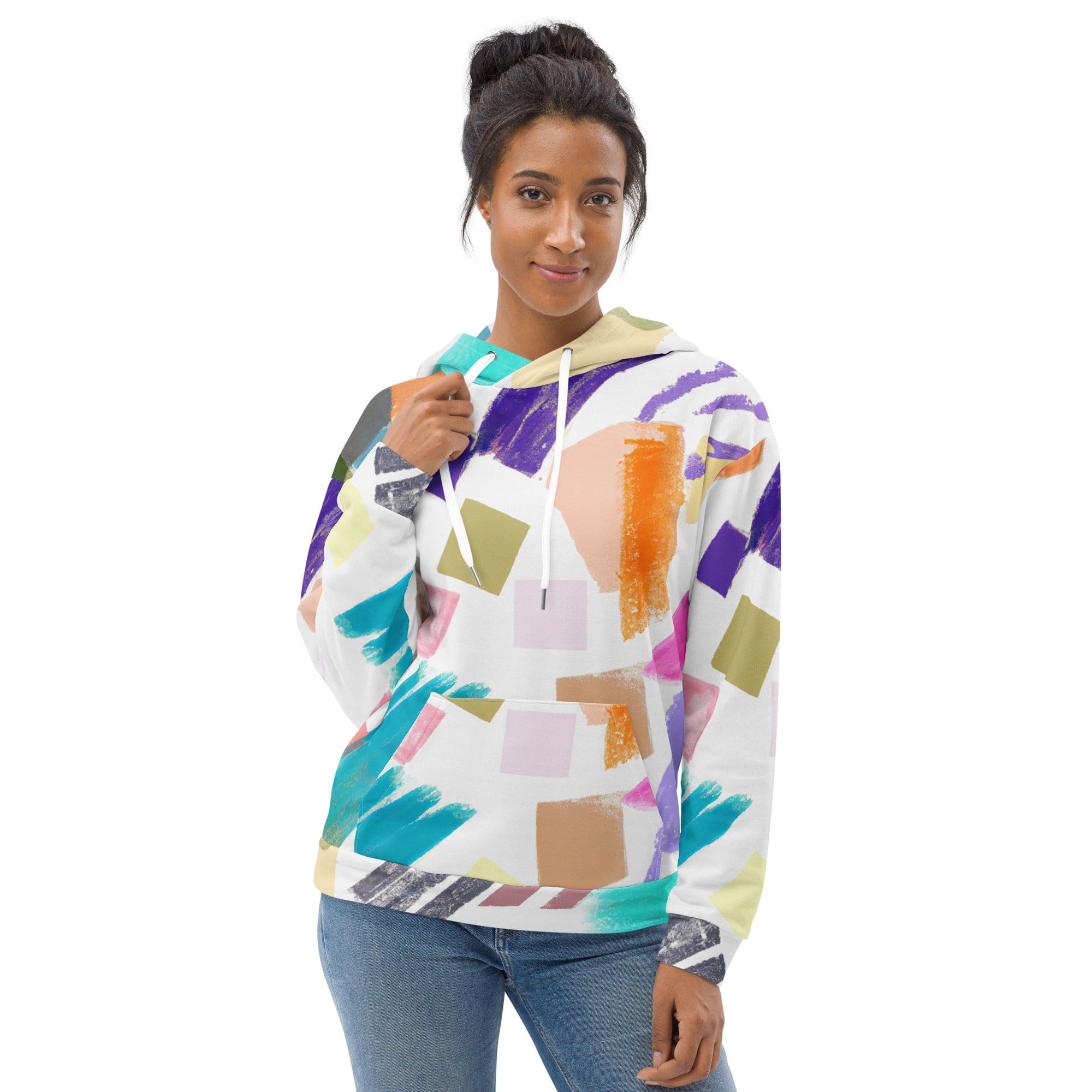 Womens Graphic Hoodie featuring a vibrant pastel pattern, showcasing a stylish design with a double-lined hood and front pouch pocket.