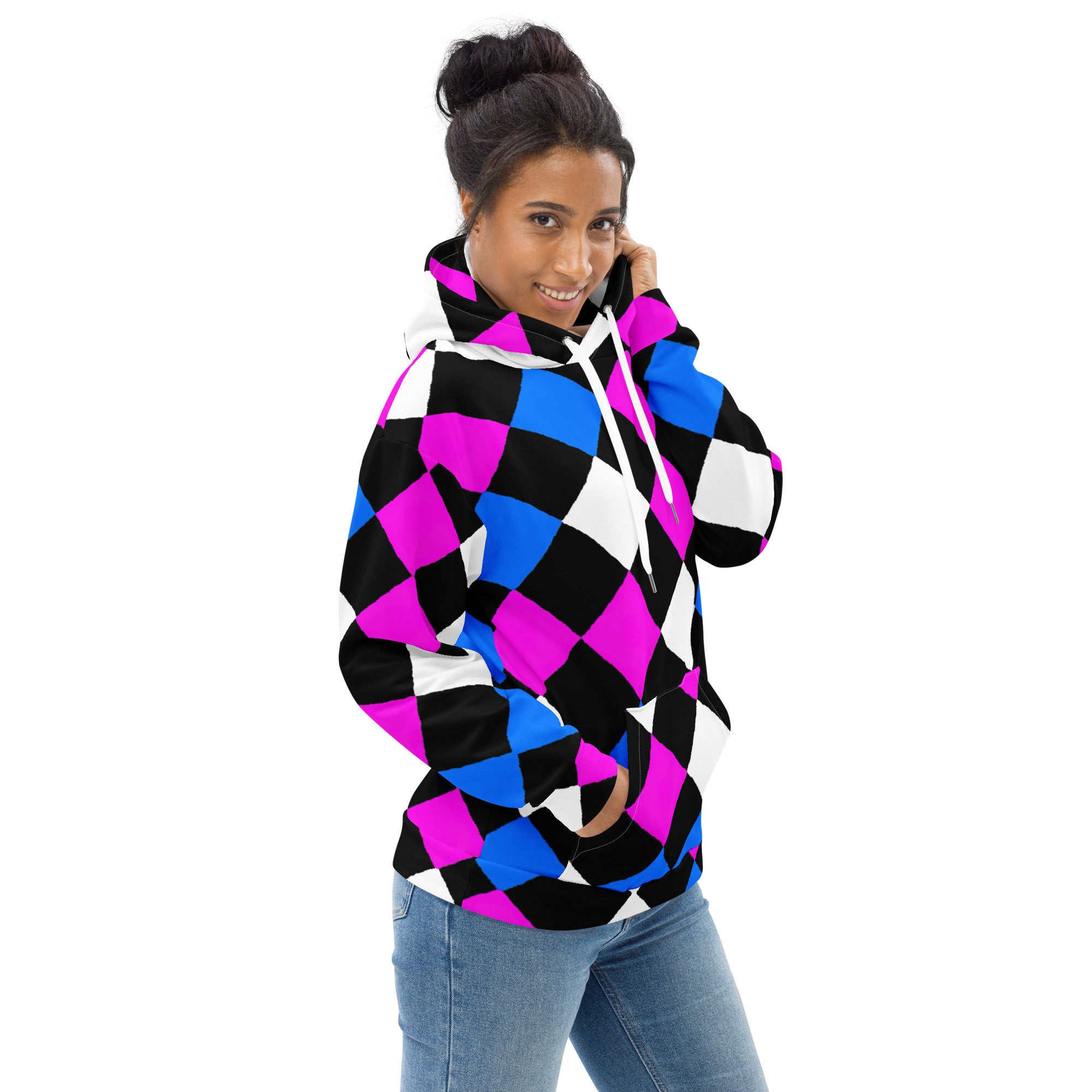 Womens Graphic Hoodie featuring a pink and blue checkered pattern, showcasing a stylish design with a comfortable hood and front pouch pocket.