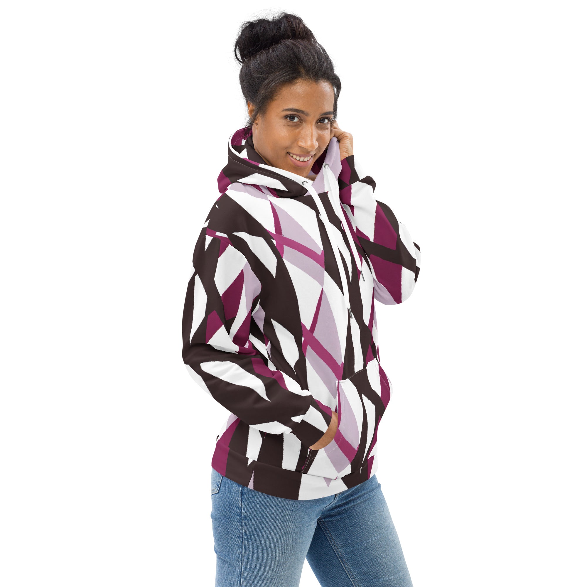 Womens Graphic Hoodie in Pink Mauve Pattern featuring a dynamic all-over print, double-lined hood, and front pouch pocket.