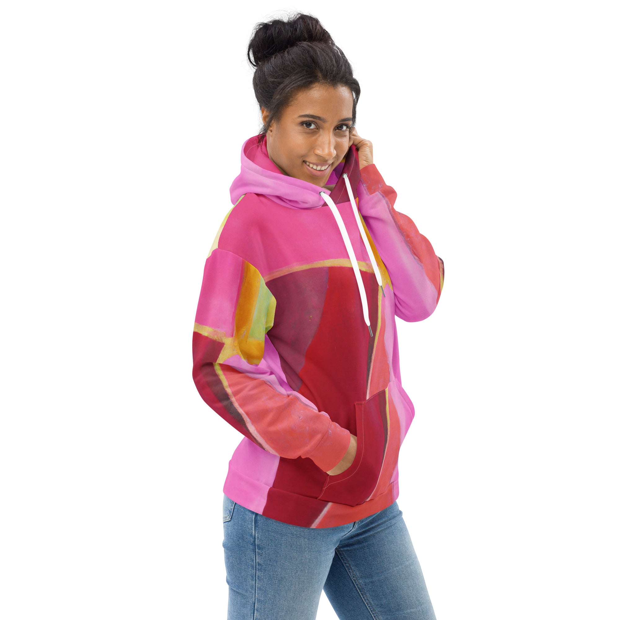 Womens Graphic Hoodie in Pink Mauve featuring a vibrant red geometric pattern, showcasing a stylish design with a comfortable hood and front pocket.