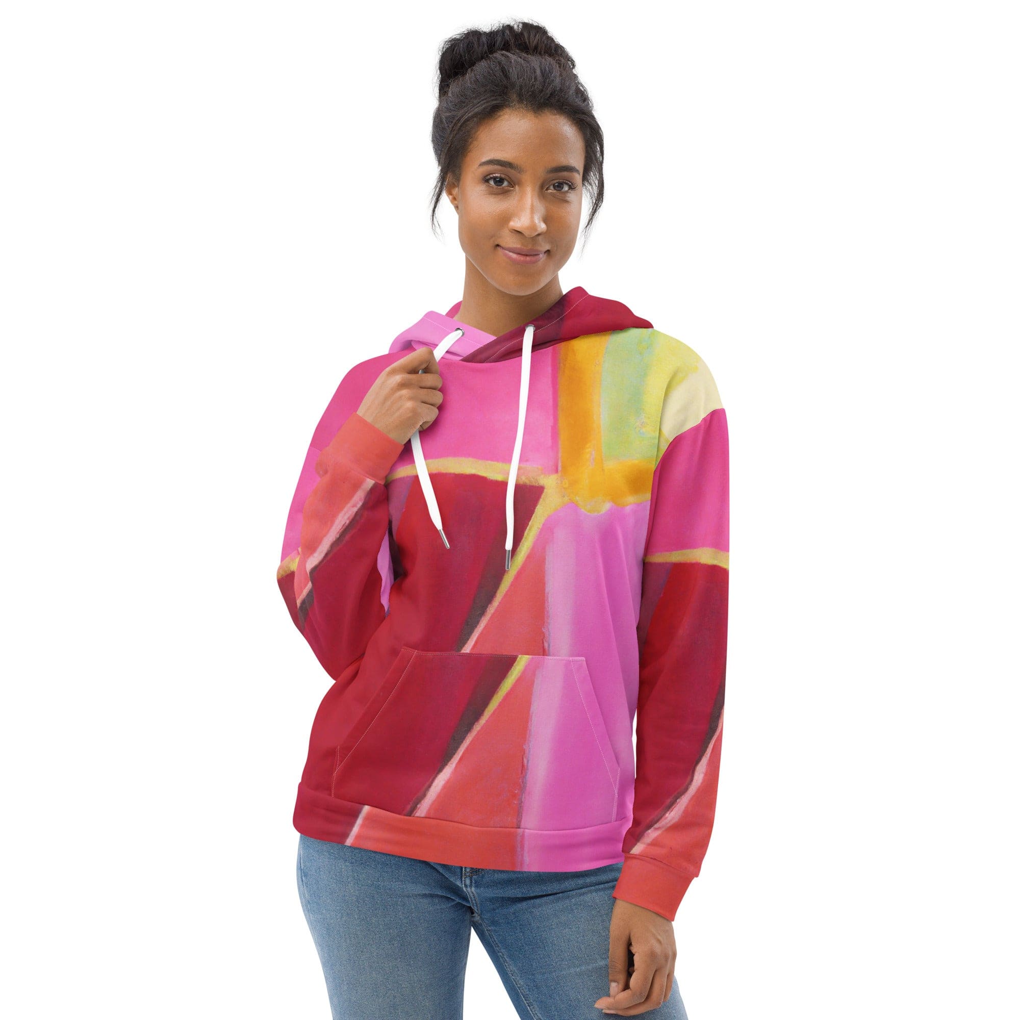 Womens Graphic Hoodie in Pink Mauve featuring a vibrant red geometric pattern, showcasing a stylish design with a comfortable hood and front pocket.