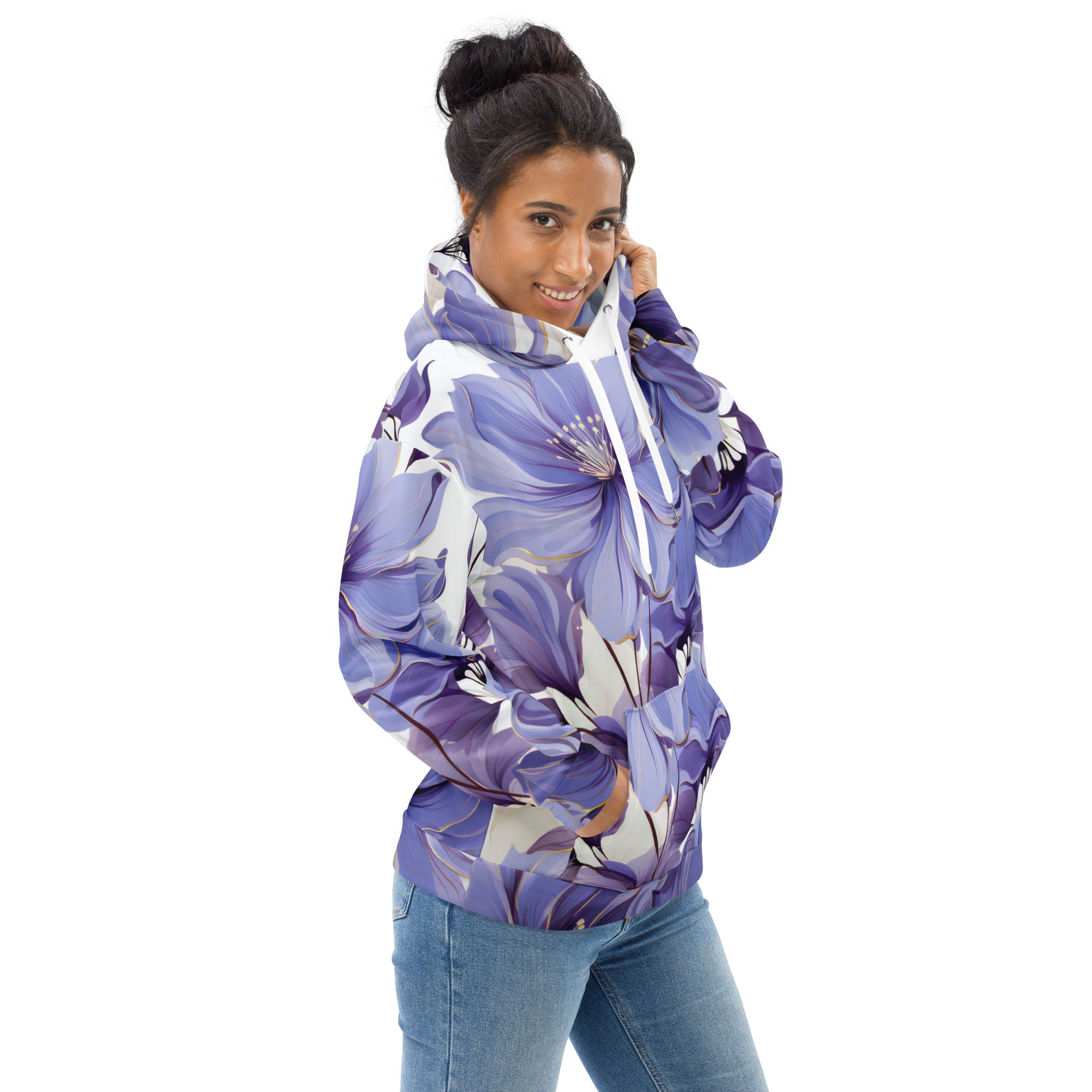 Womens Graphic Hoodie in Purple with Botanical Blooms design, featuring a double-lined hood and front pouch pocket.