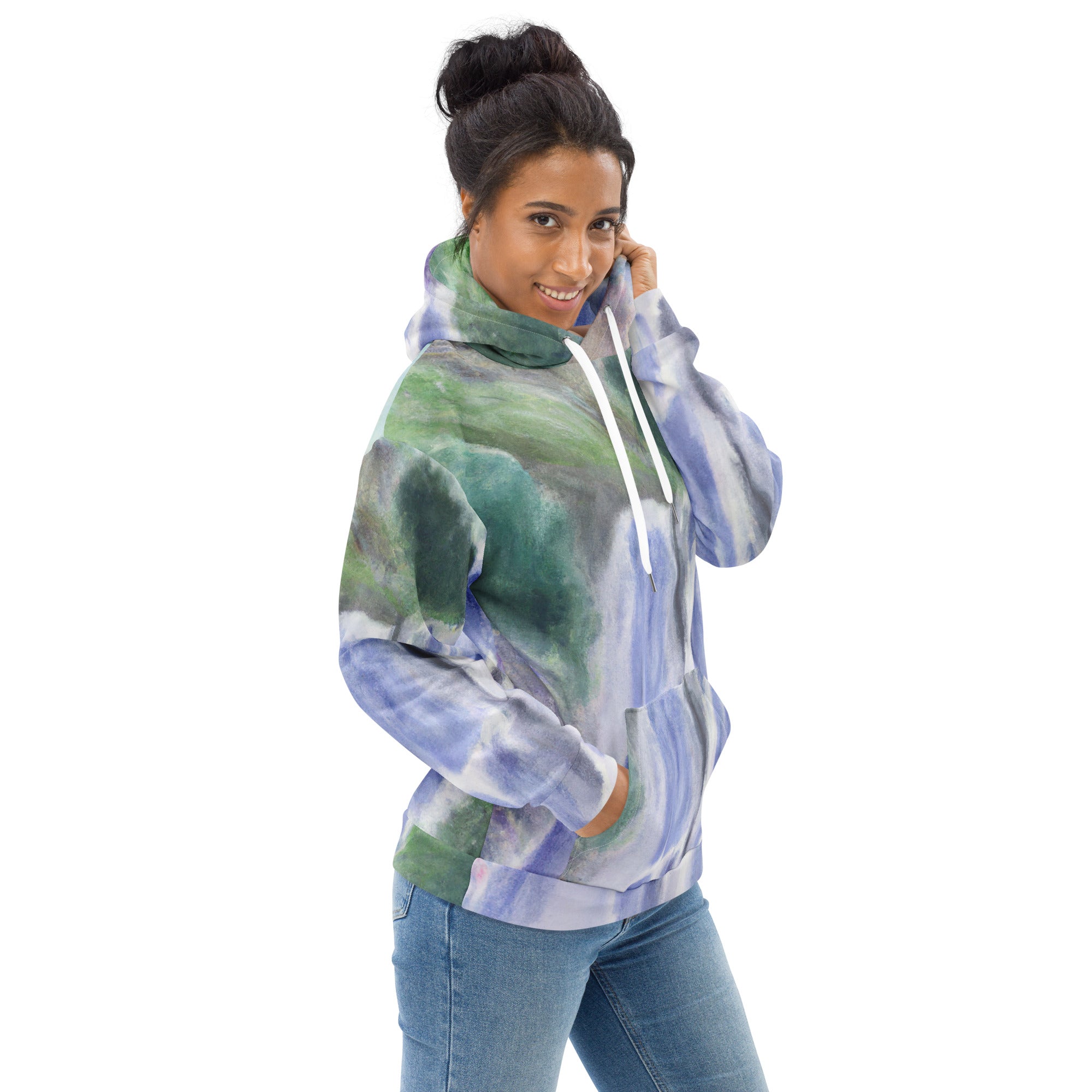 Women's Graphic Hoodie in purple watercolor waterfall design, showcasing a vibrant green landscape print, perfect for casual wear.