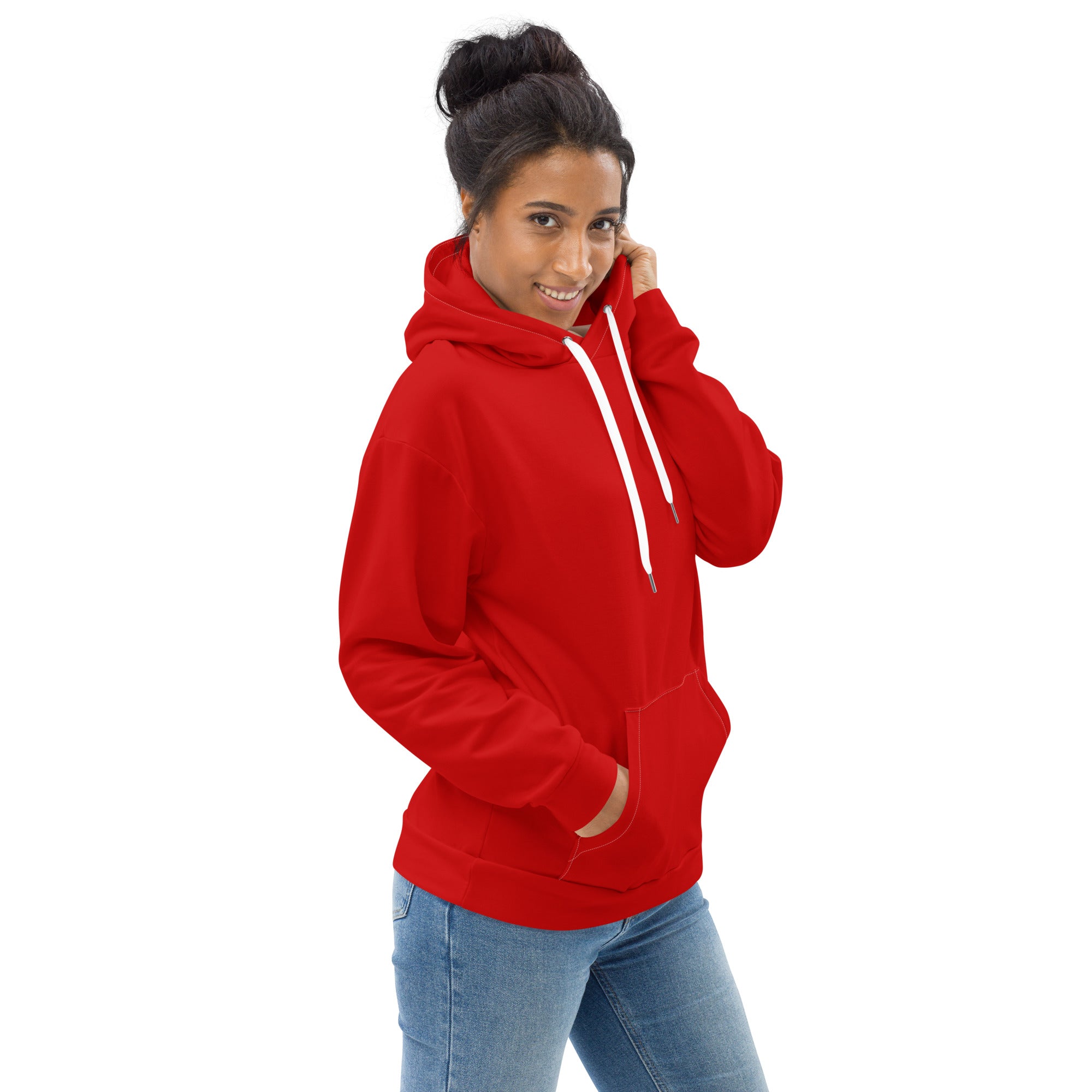 A vibrant red women's graphic hoodie featuring dynamic prints, a double-lined hood, and a front pouch pocket, perfect for casual wear.