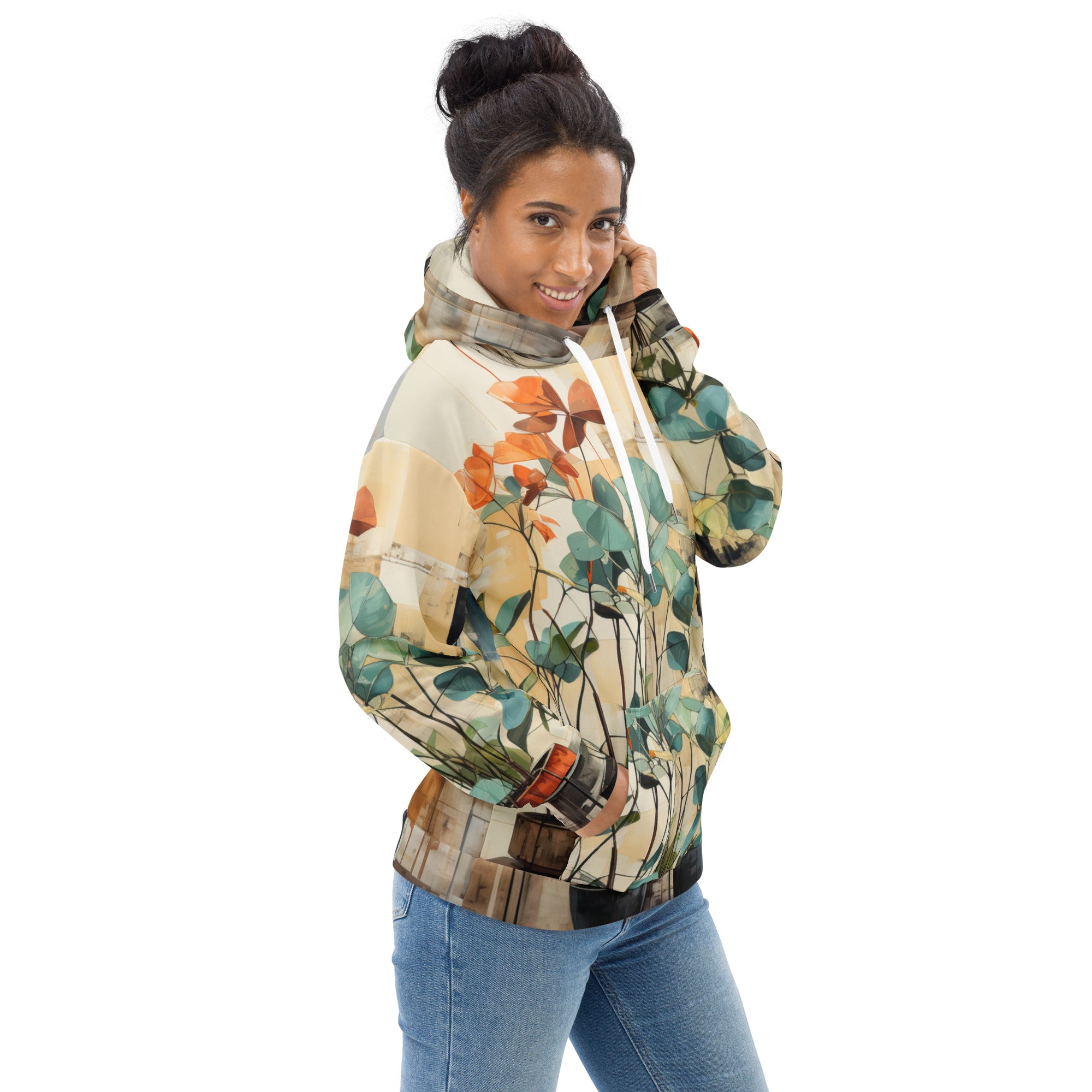 Womens Graphic Hoodie featuring rustic botanical plants design, showcasing vibrant colors and intricate details, perfect for casual wear.