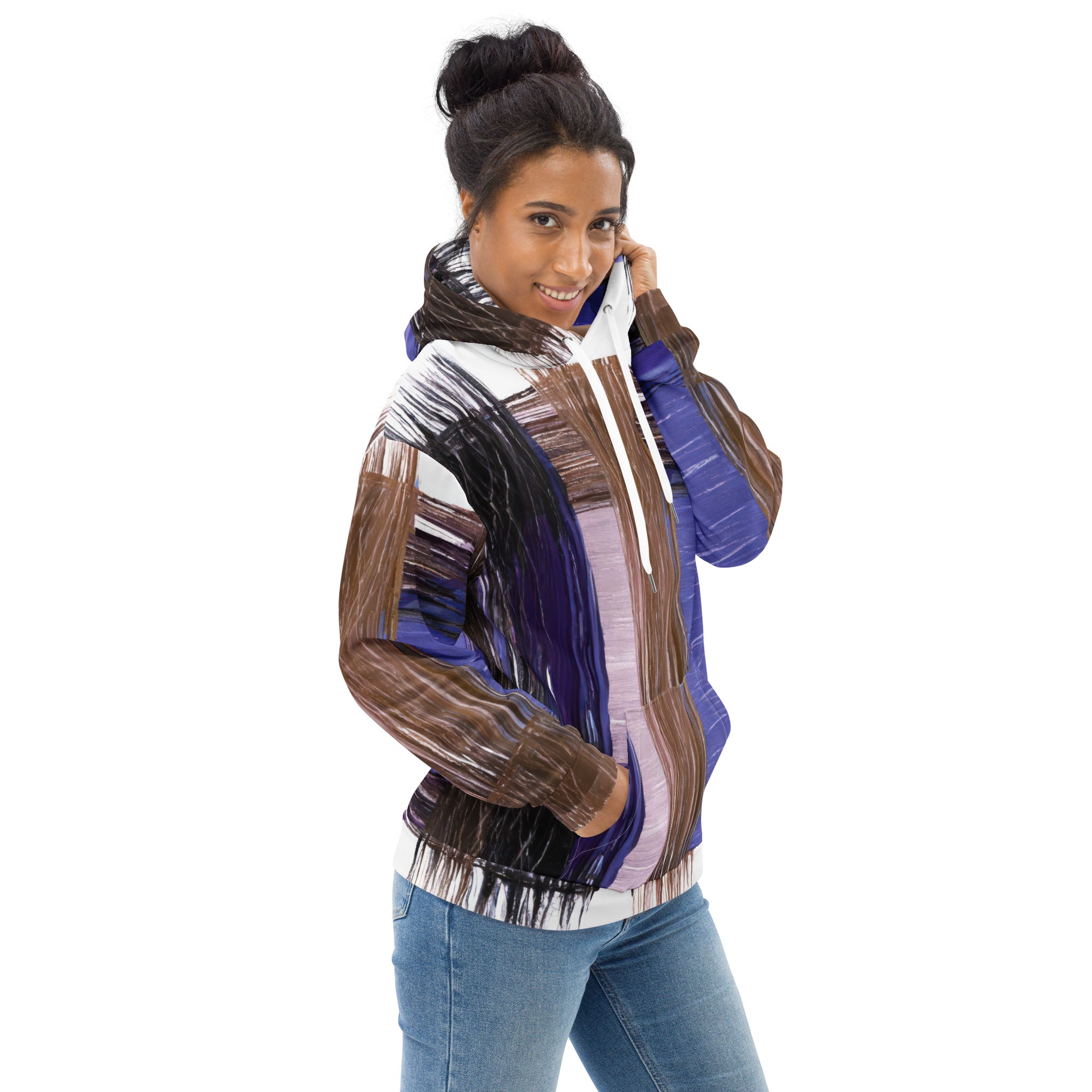 Womens Graphic Hoodie in Rustic Brown featuring an interweave print, showcasing a stylish design with a double-lined hood and front pouch pocket.